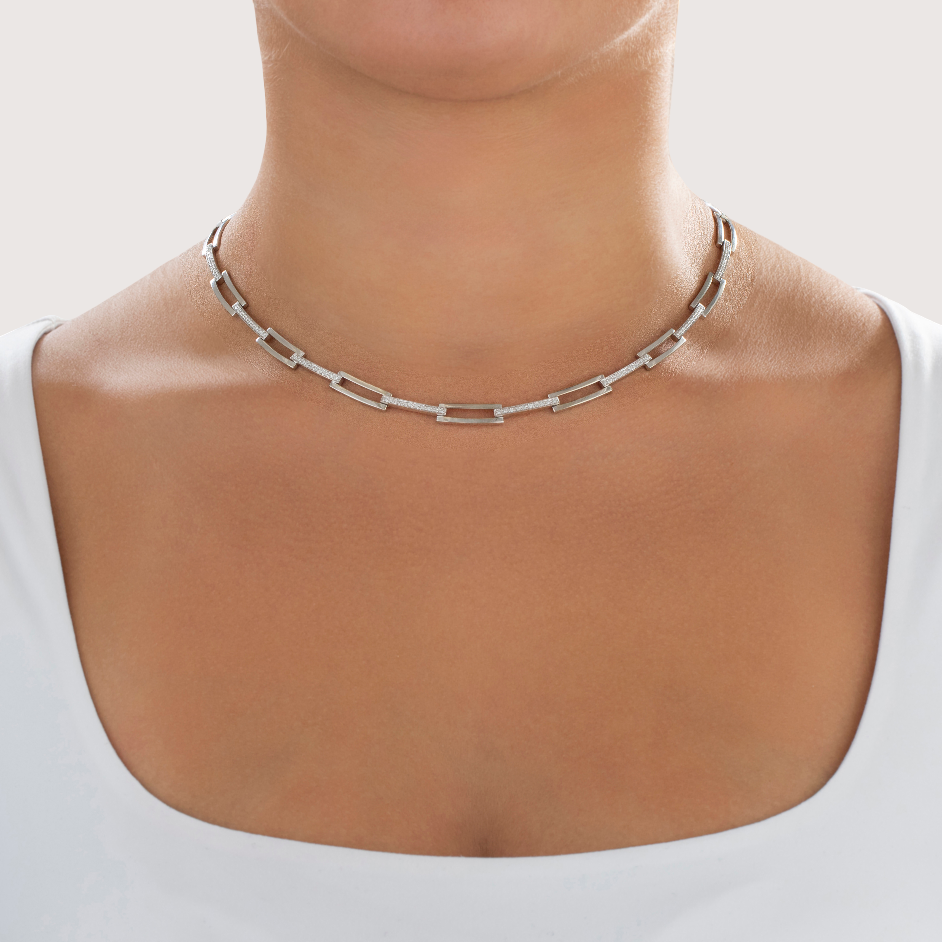 Vintage 14k White Gold .759cttw Diamond Sleek Open Link Collar Necklace  - On model view