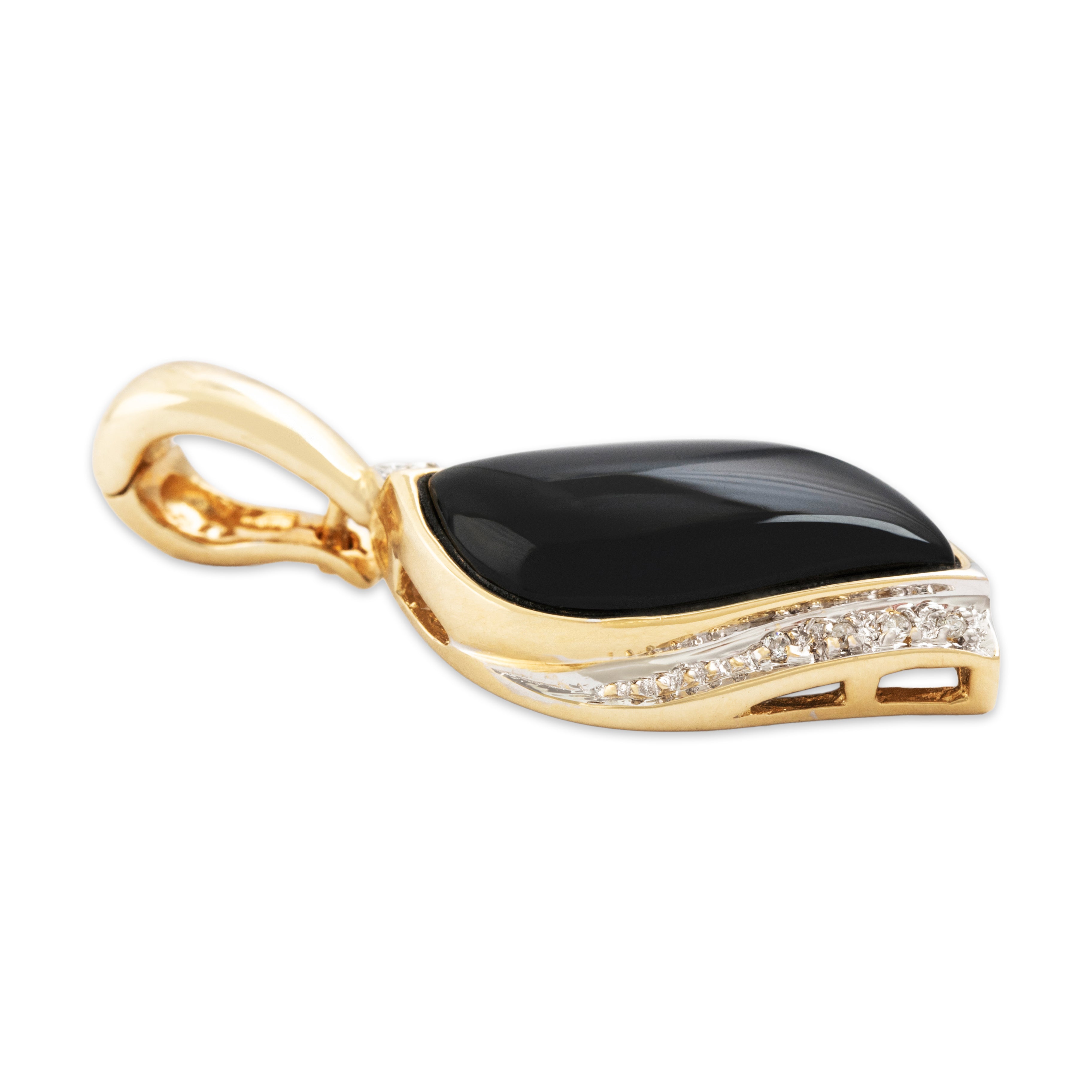Vintage 14k Yellow Gold Onyx Diamond Pretty Curve Drop Pendant - Side view