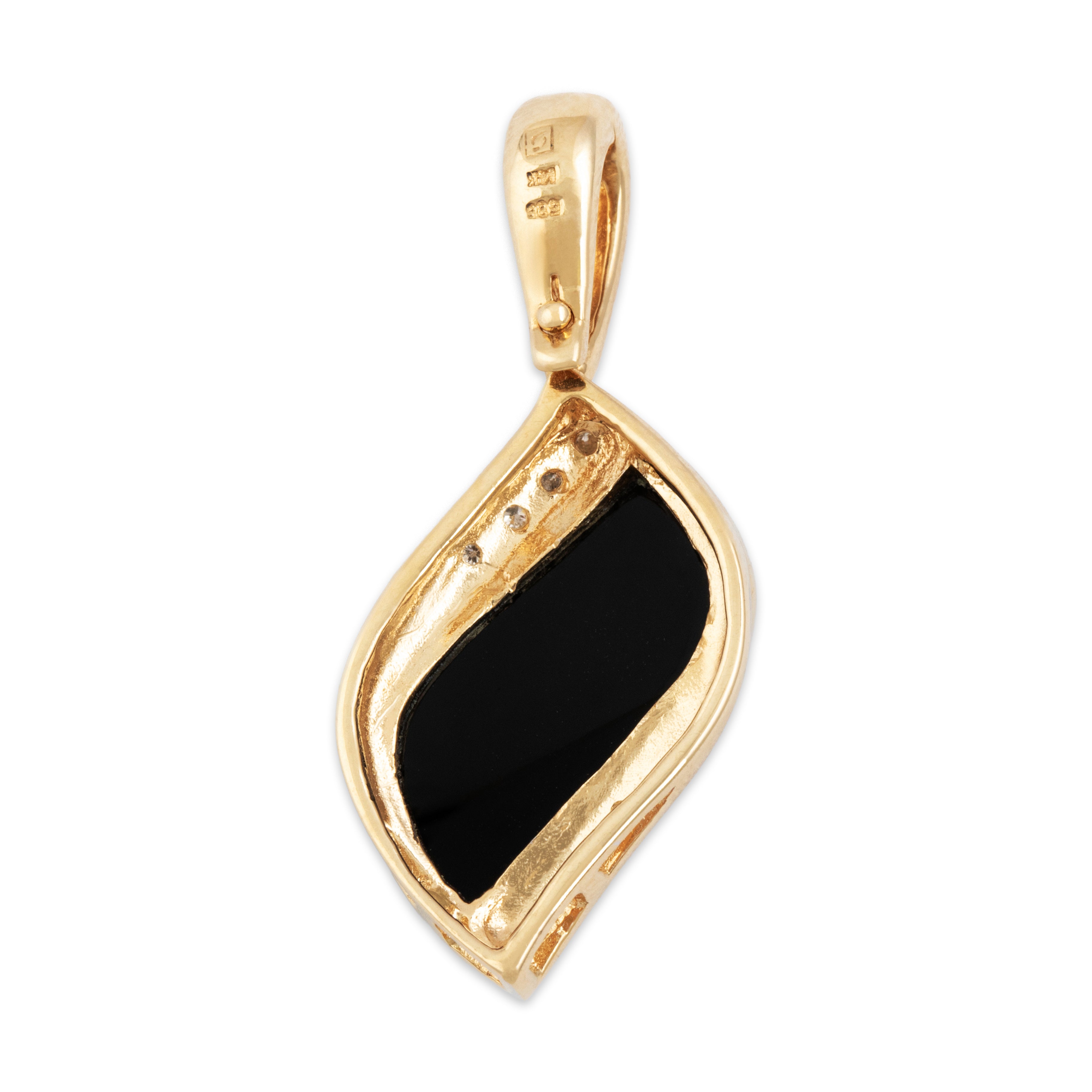 Vintage 14k Yellow Gold Onyx Diamond Pretty Curve Drop Pendant - Back view