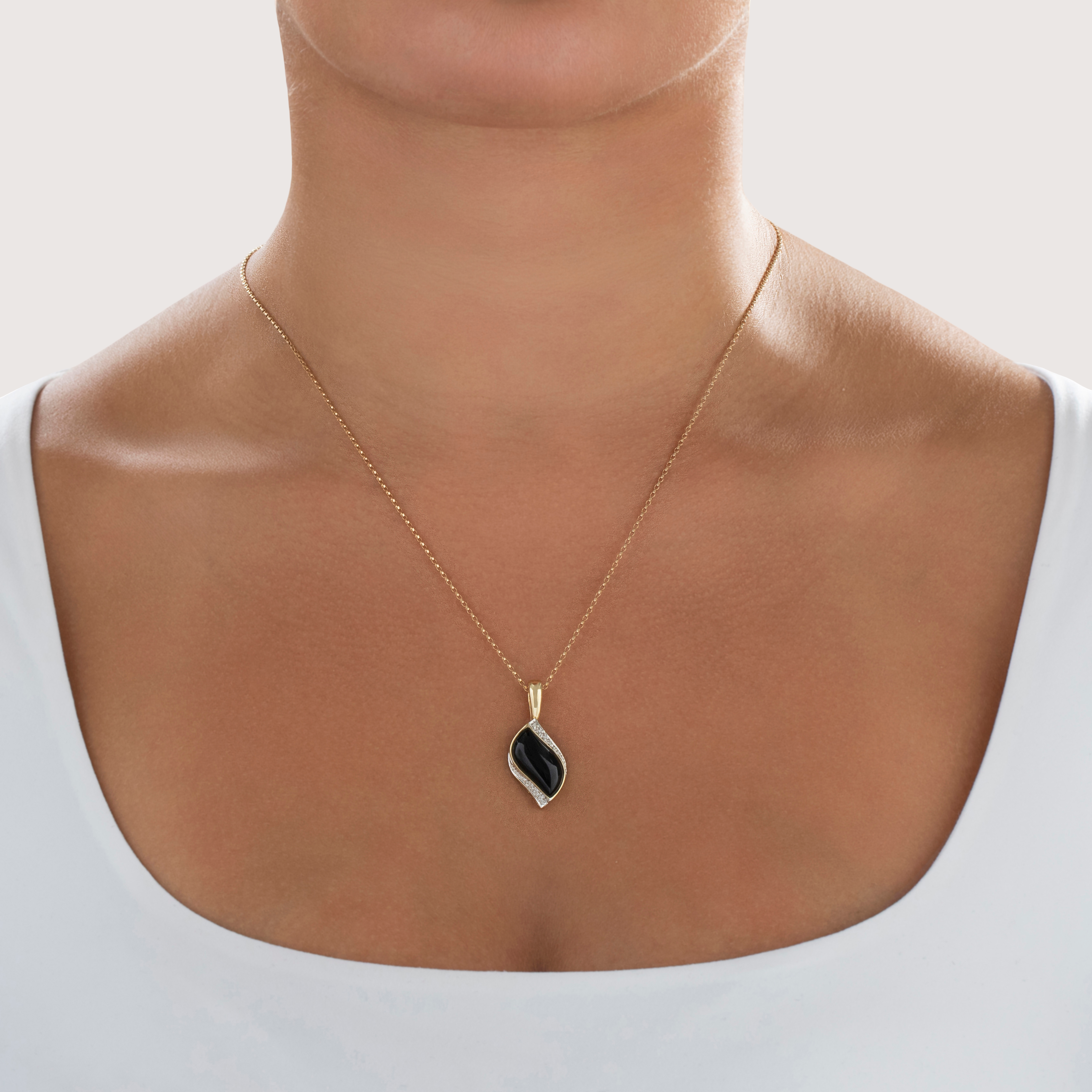 Vintage 14k Yellow Gold Onyx Diamond Pretty Curve Drop Pendant - On model view