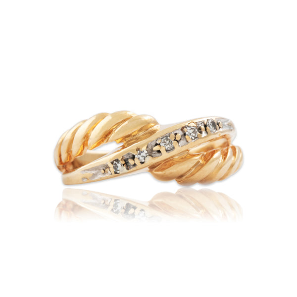 Vintage 14k Yellow Gold Diamond Ribbed Crossover Ring 6.75