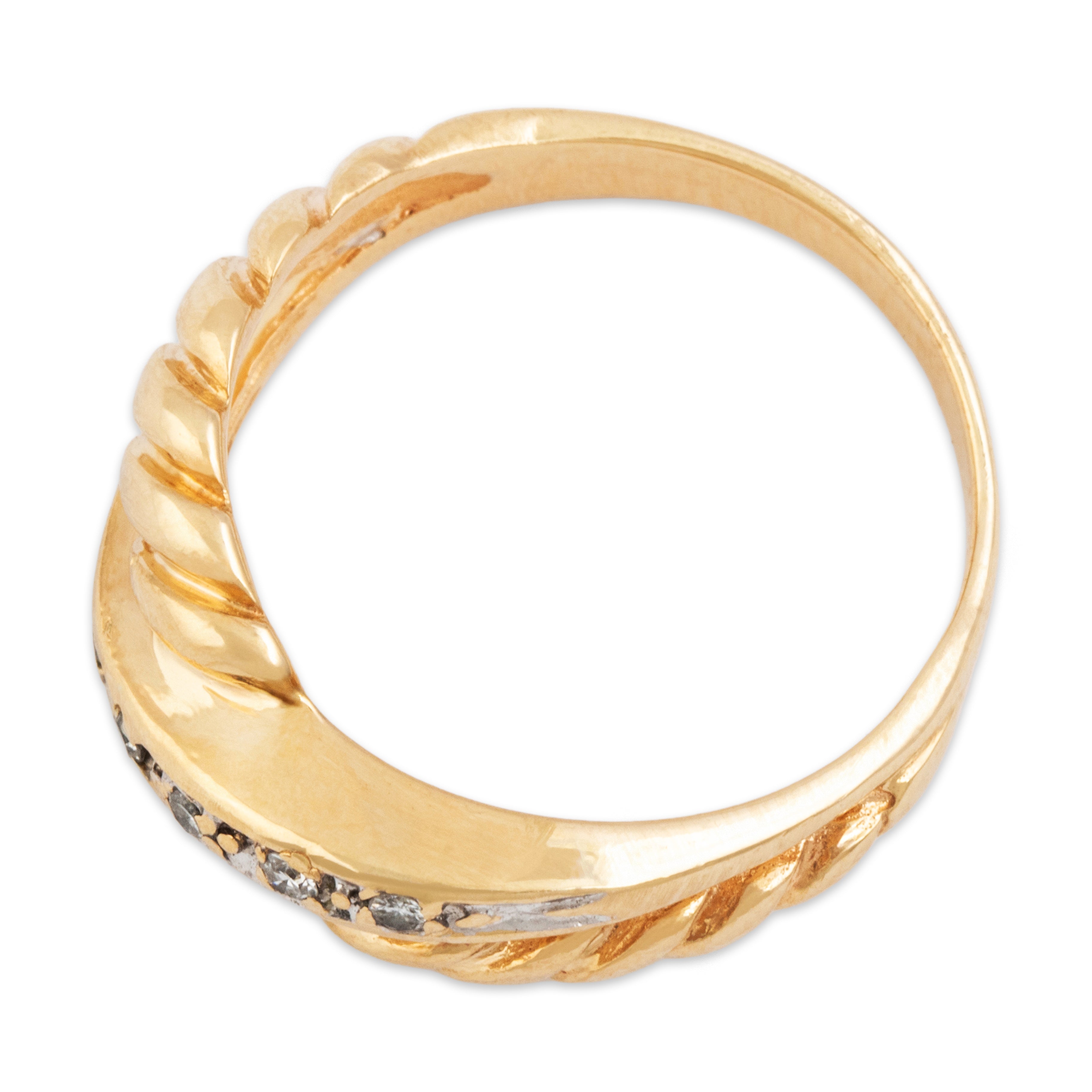 Vintage 14k Yellow Gold Diamond Ribbed Crossing Line Ring - Overall view