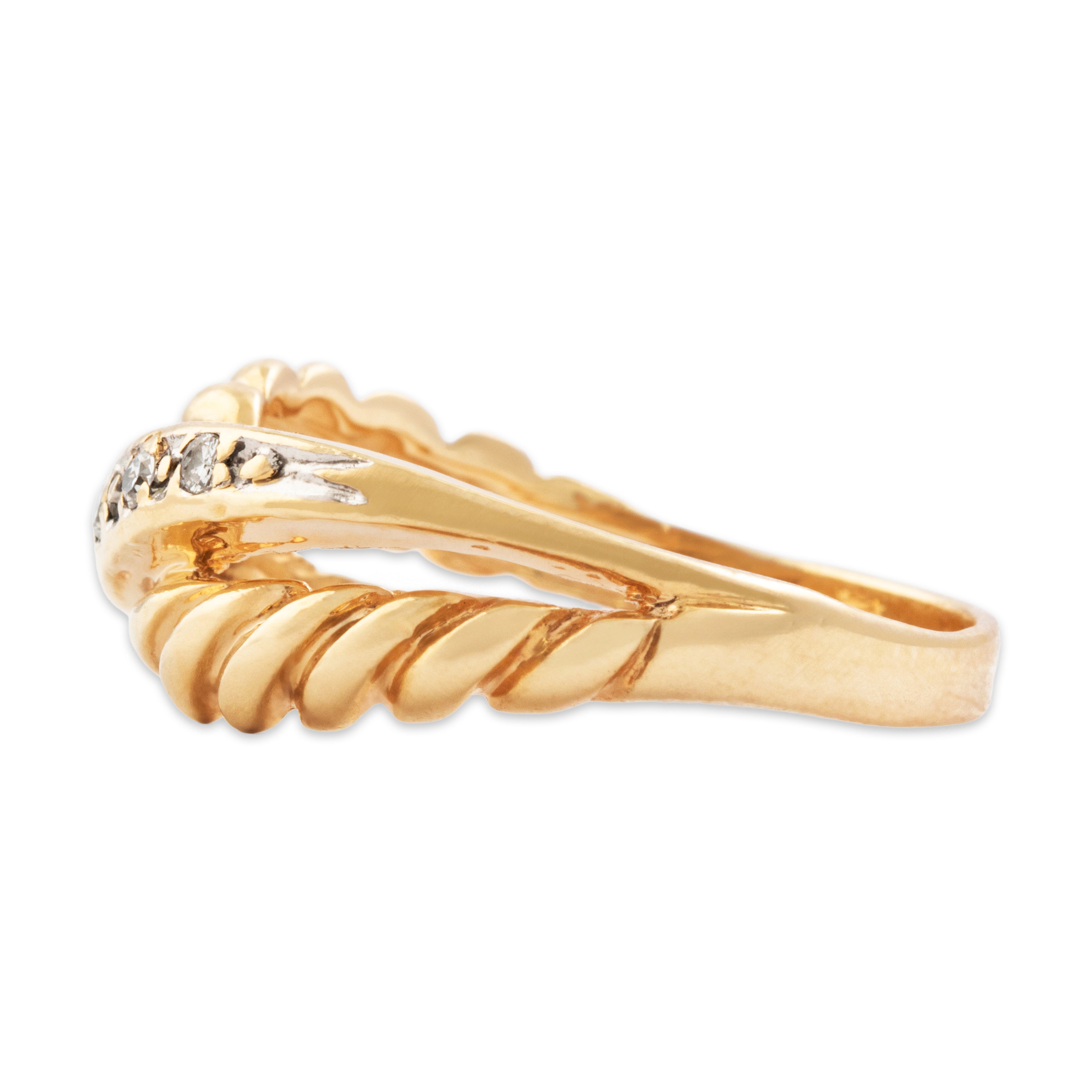 Vintage 14k Yellow Gold Diamond Ribbed Crossing Line Ring - Side view