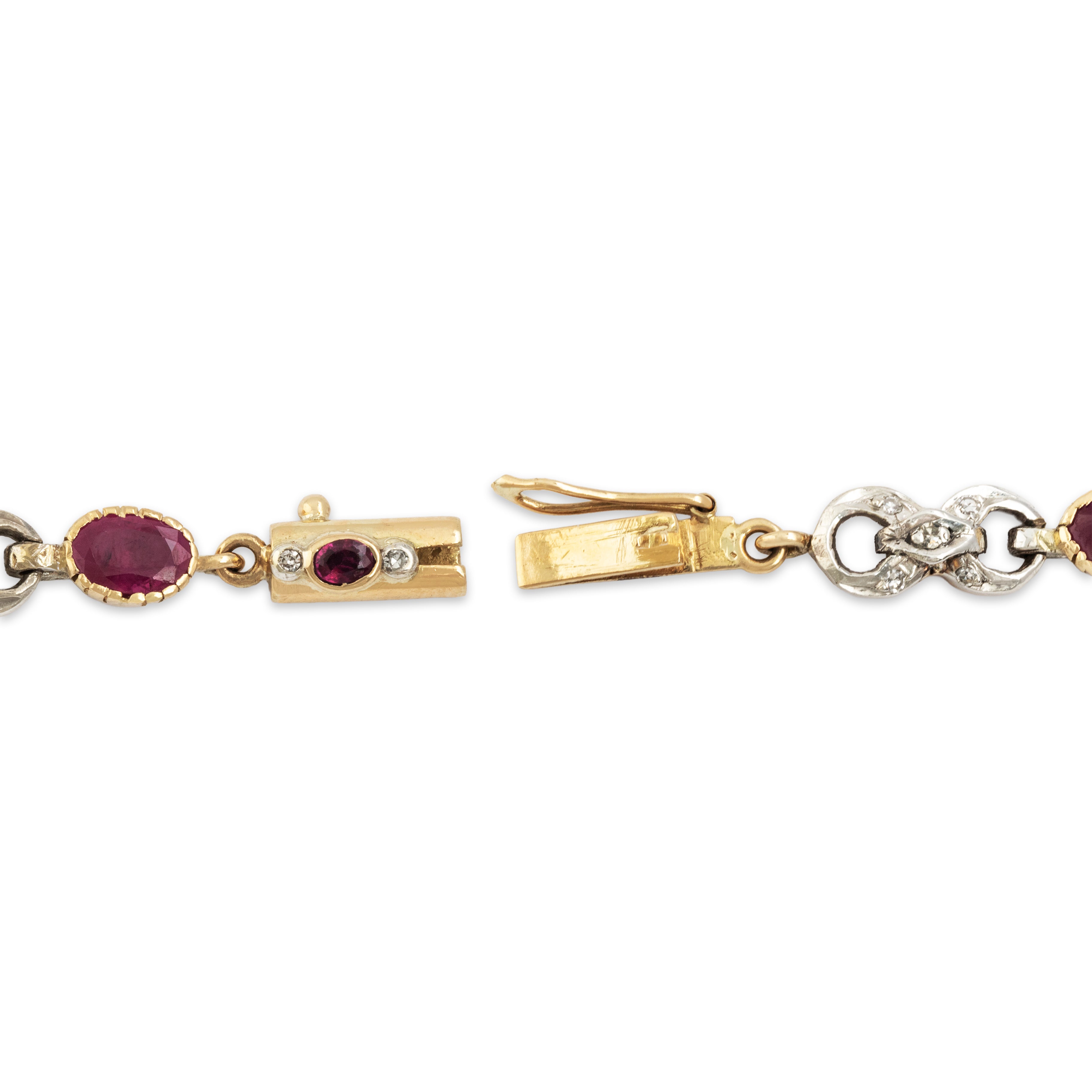 Antique 18k Yellow Gold Silver 5.1cttw Ruby .289cttw Diamond Bracelet - clasp view