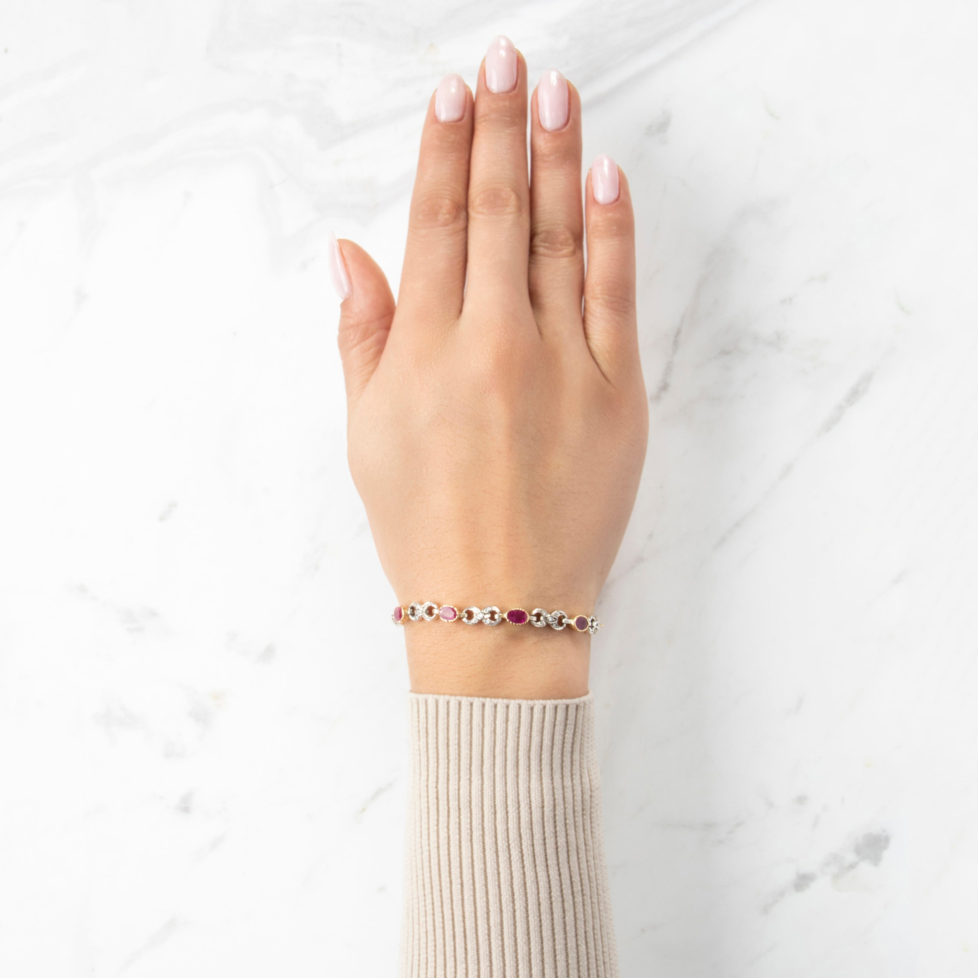 Antique 18k Yellow Gold Silver 5.1cttw Ruby .289cttw Diamond Bracelet - On model view