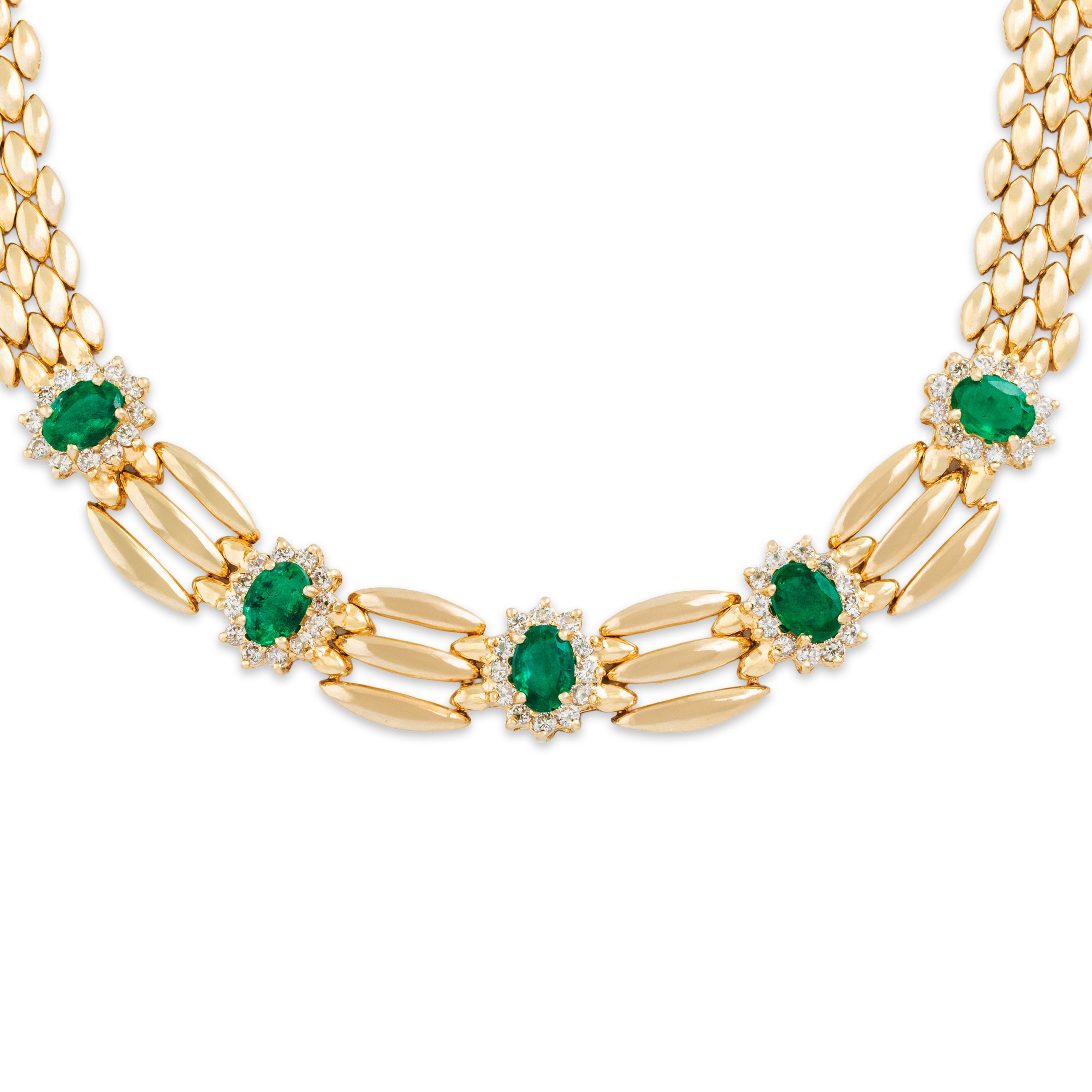 Vintage 14k Yellow Gold 3cttw Emerald 1.5cttw Diamond Elegant Collar Necklace 16.25