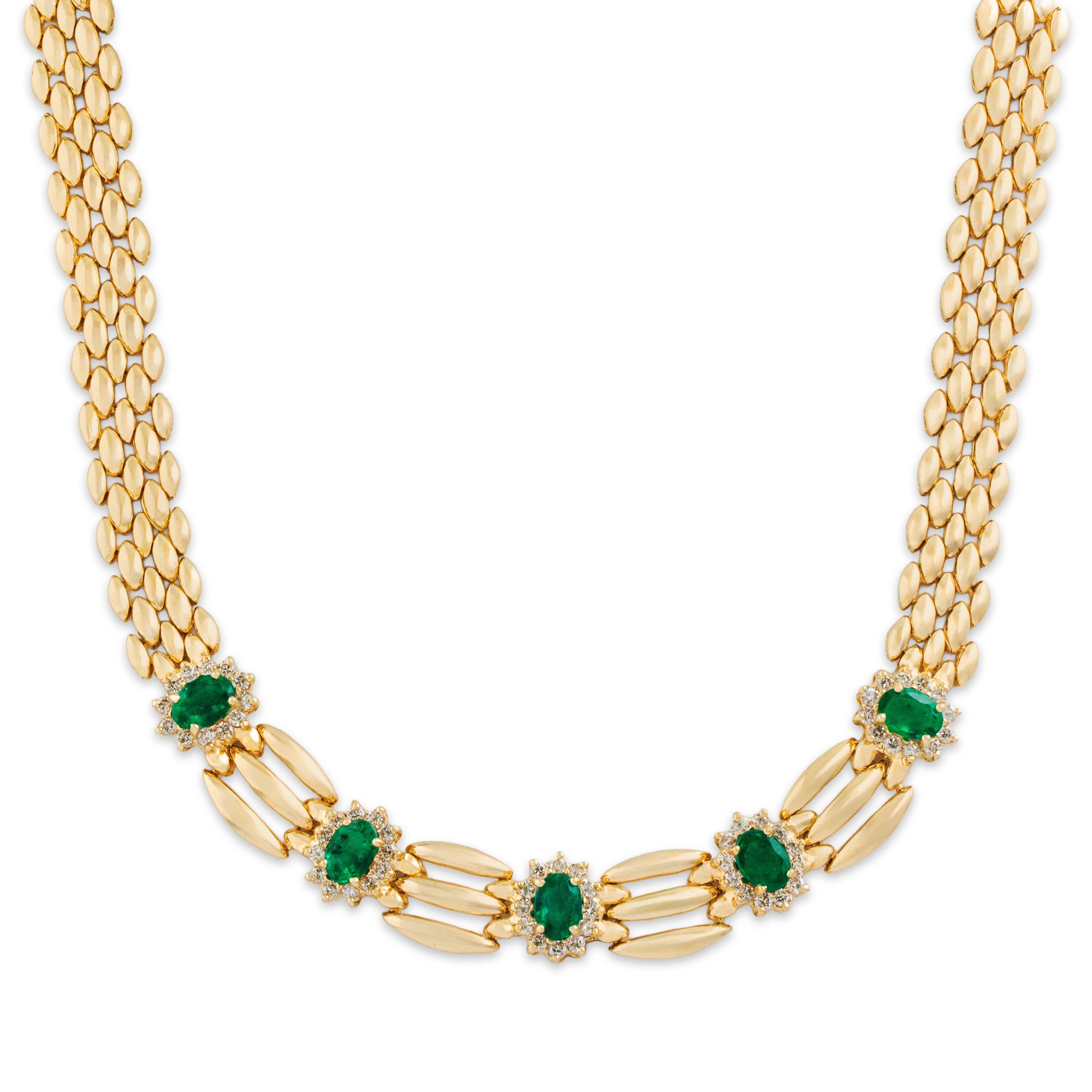 Vintage 14k Yellow Gold 3cttw Emerald 1.5cttw Diamond Elegant Collar Necklace 16.25