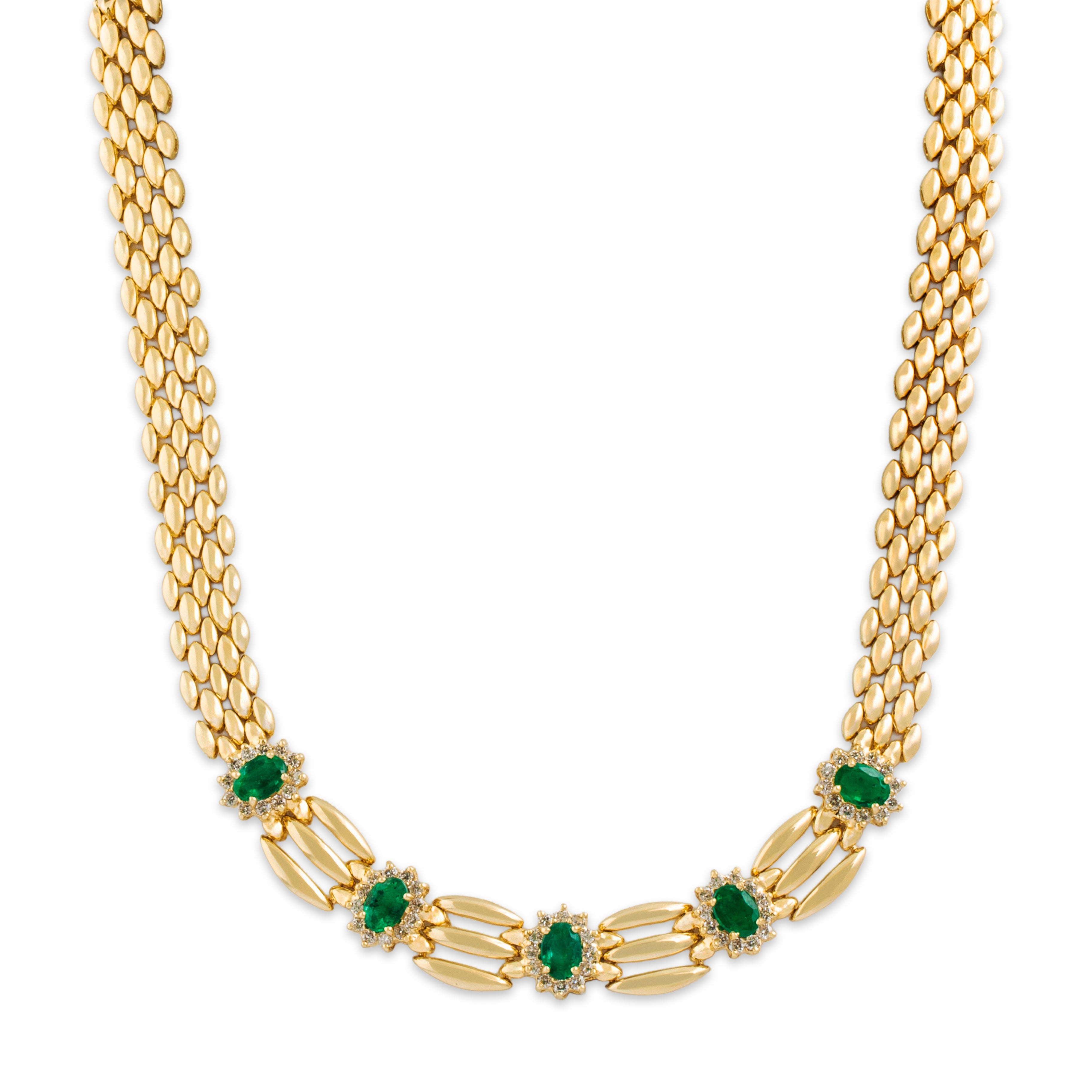 Vintage 14k Yellow Gold 3cttw Emerald 1.5cttw Diamond Elegant Collar Necklace 16.25