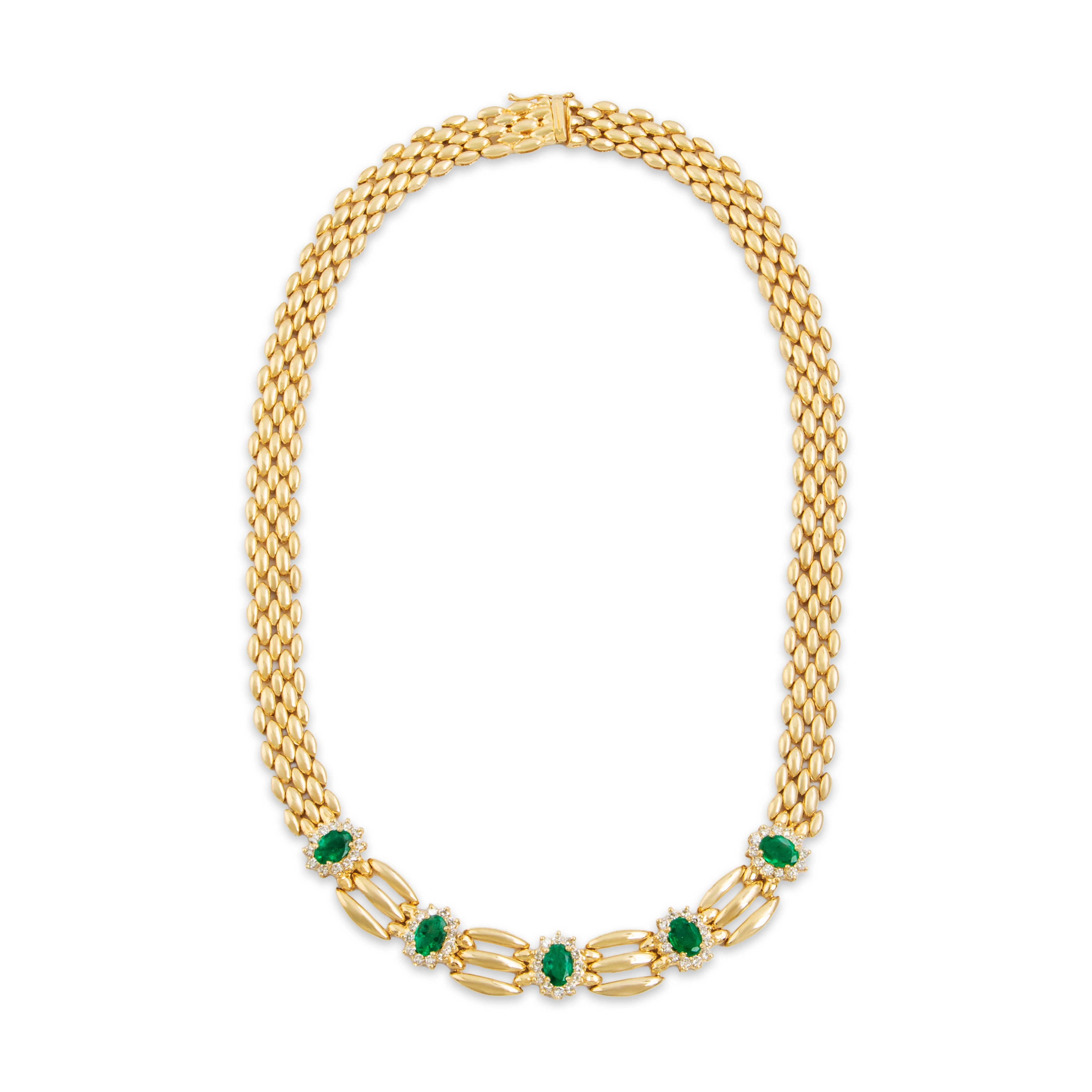 Vintage 14k Yellow Gold 3cttw Emerald 1.5cttw Diamond Elegant Collar Necklace 16.25