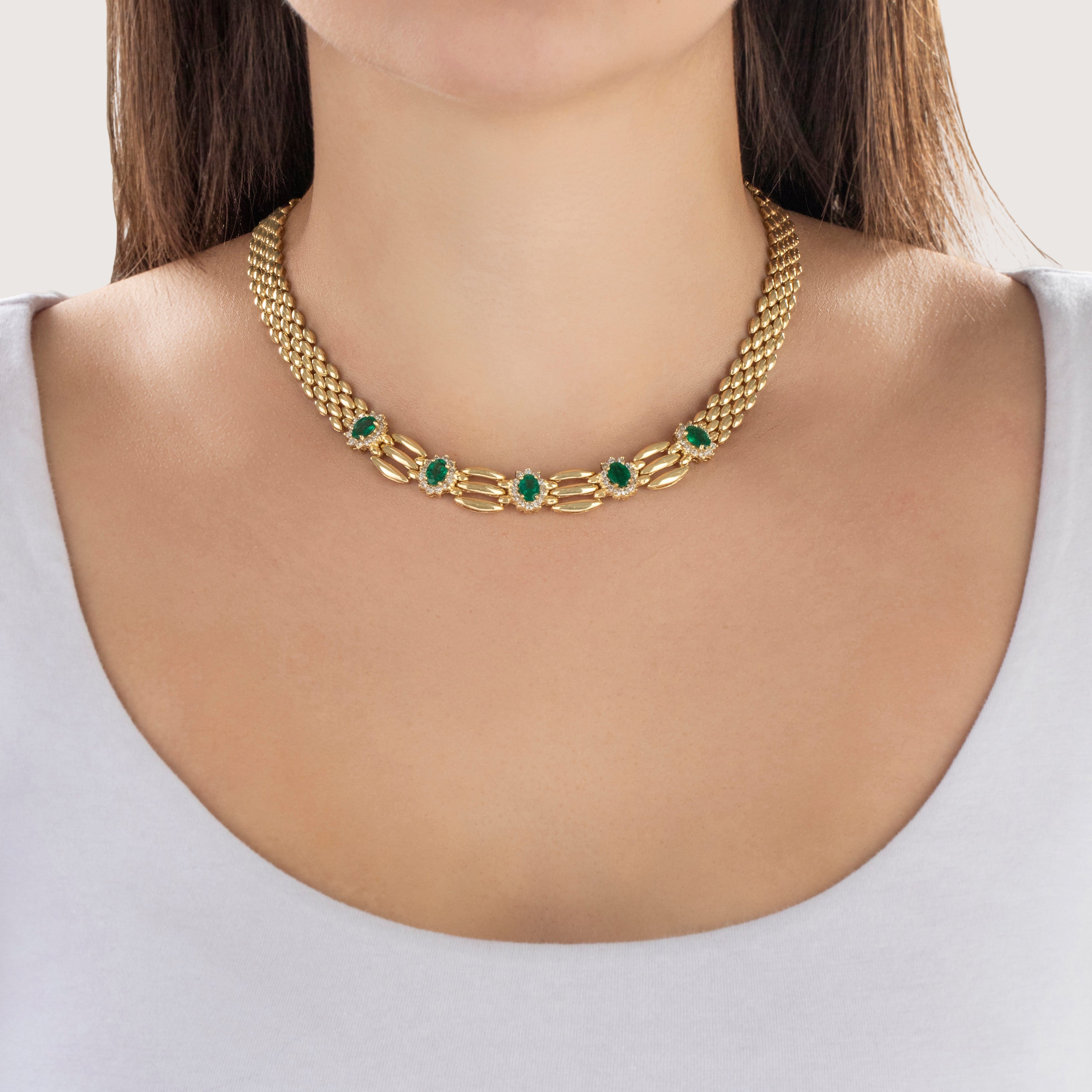 Vintage 14k Yellow Gold 3cttw Emerald 1.5cttw Diamond Fantastic Collar Necklace - On model view