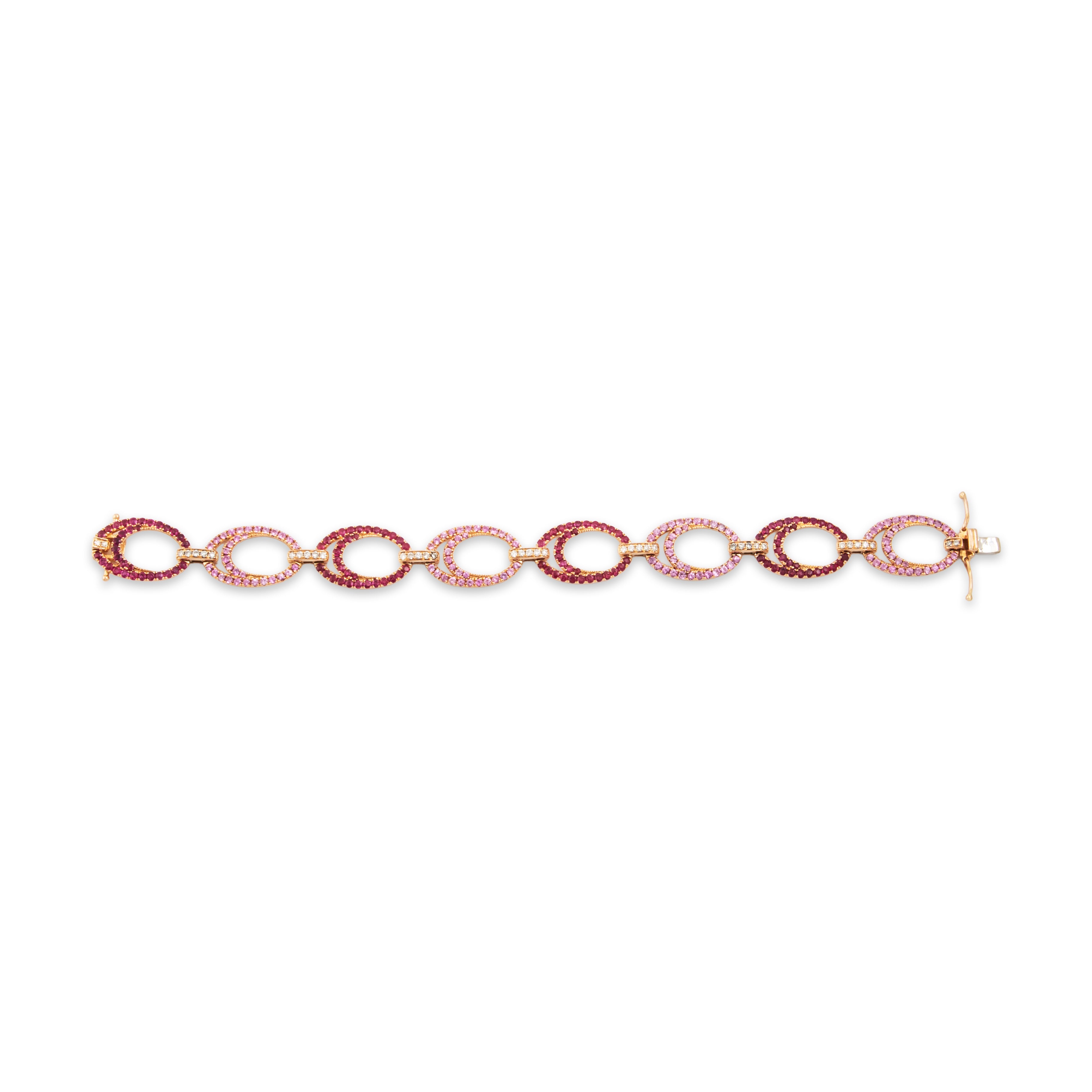 Estate 18k Rose Gold 2.5cttw Ruby 2.5cttw Pink Sapphire Diamond Bracelet  - Close-up view