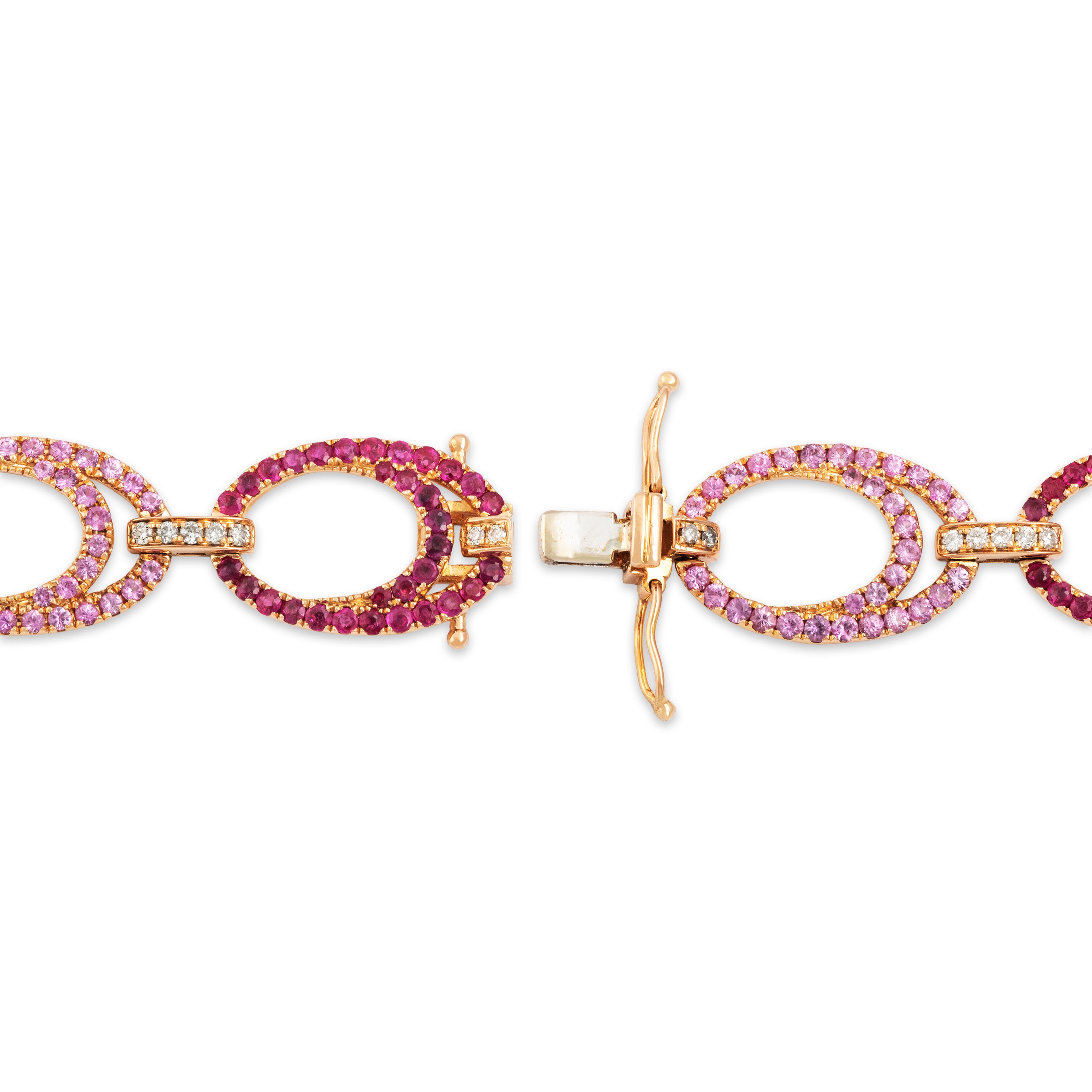Estate 18k Rose Gold 2.5cttw Ruby 2.5cttw Pink Sapphire Diamond Bracelet  - clasp view