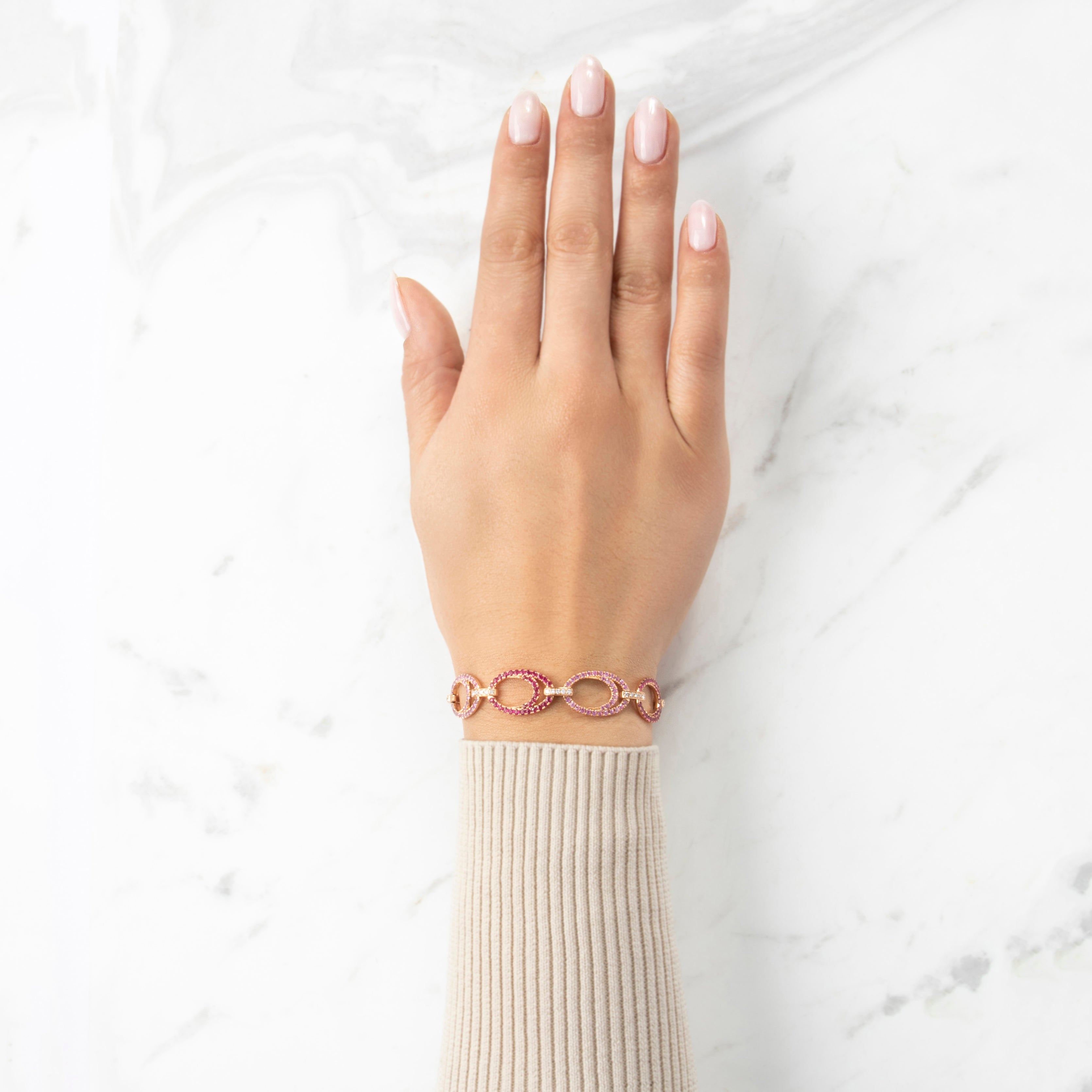 Estate 18k Rose Gold 2.5cttw Ruby 2.5cttw Pink Sapphire Diamond Bracelet  - On model view