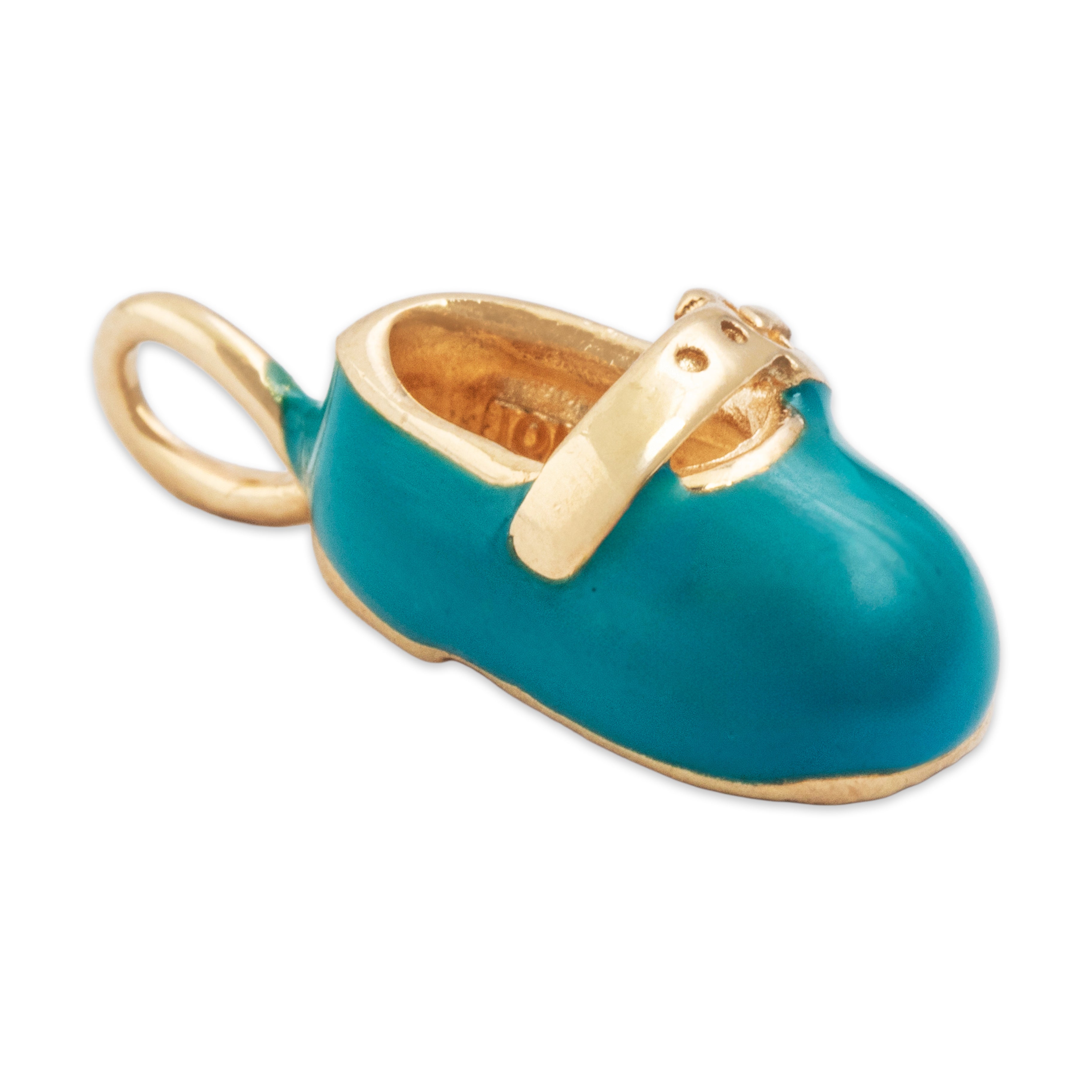 Vintage 10k Yellow Gold Teal Enamel Baby Shoe Charm / Pendant - detail view #2