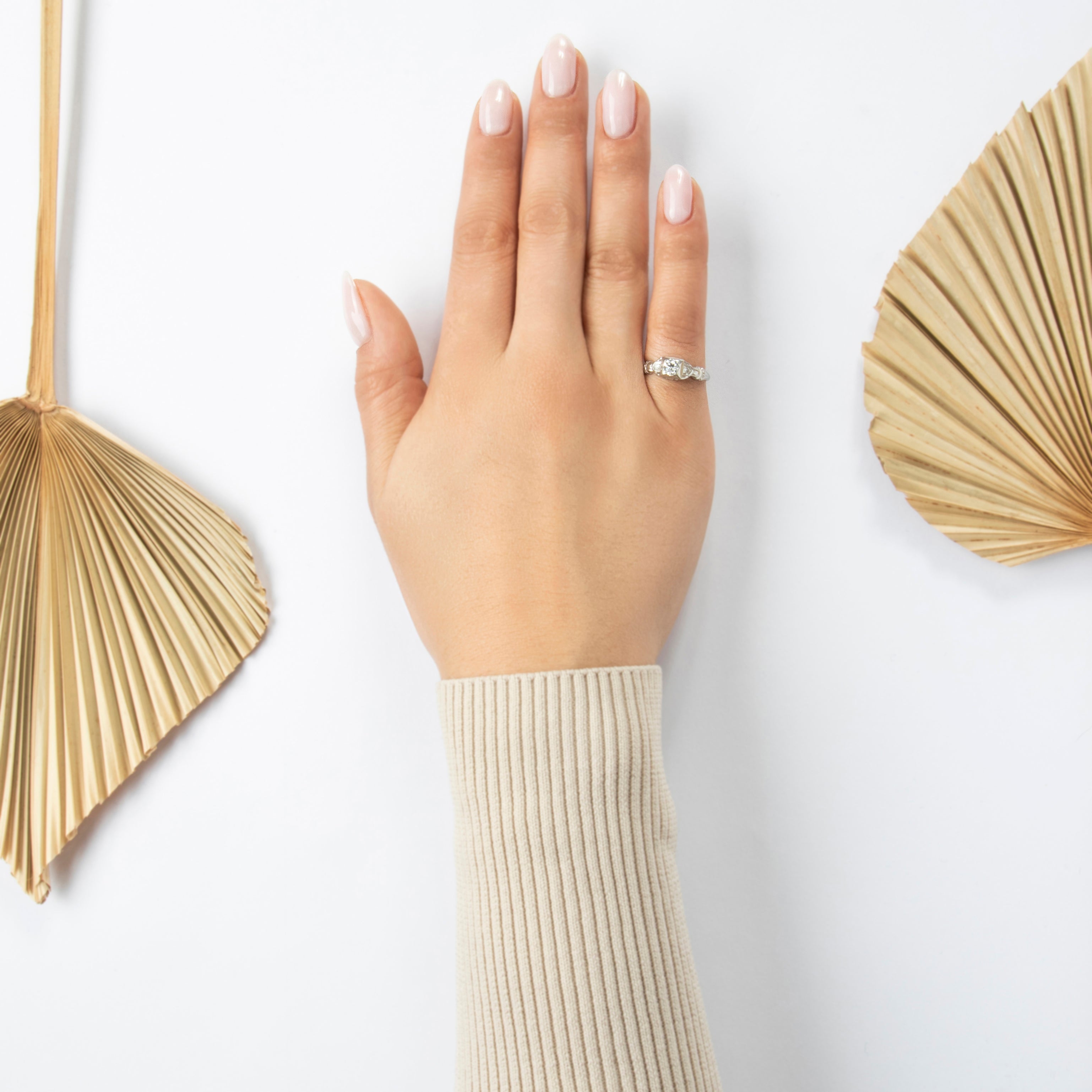 Antique 18k White Gold .312cttw Old European Cut Diamond Dazzling Ring - On model view