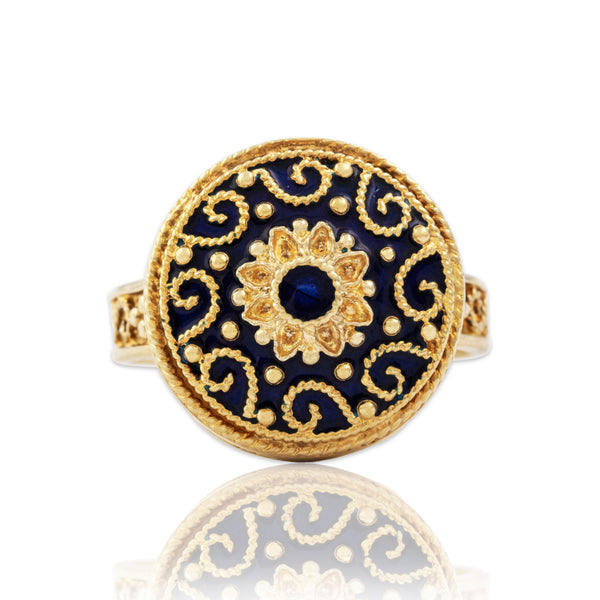 Vintage 18k Yellow Gold Intricate Royal Blue Enamel Dome Ring 5.00