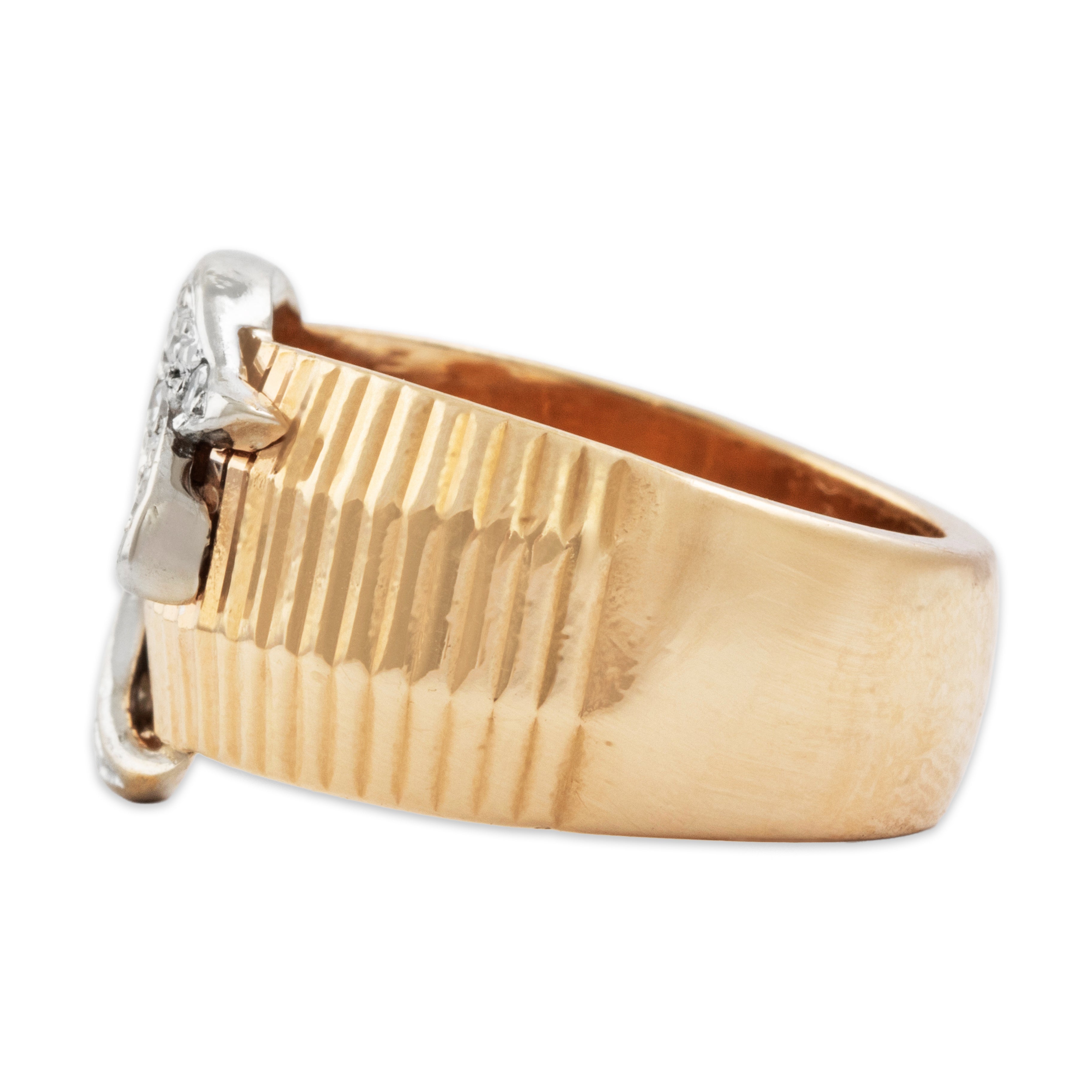 Vintage Heavy Wide 14k Yellow Gold Diamond Ribbed Foliate Ring - Side view