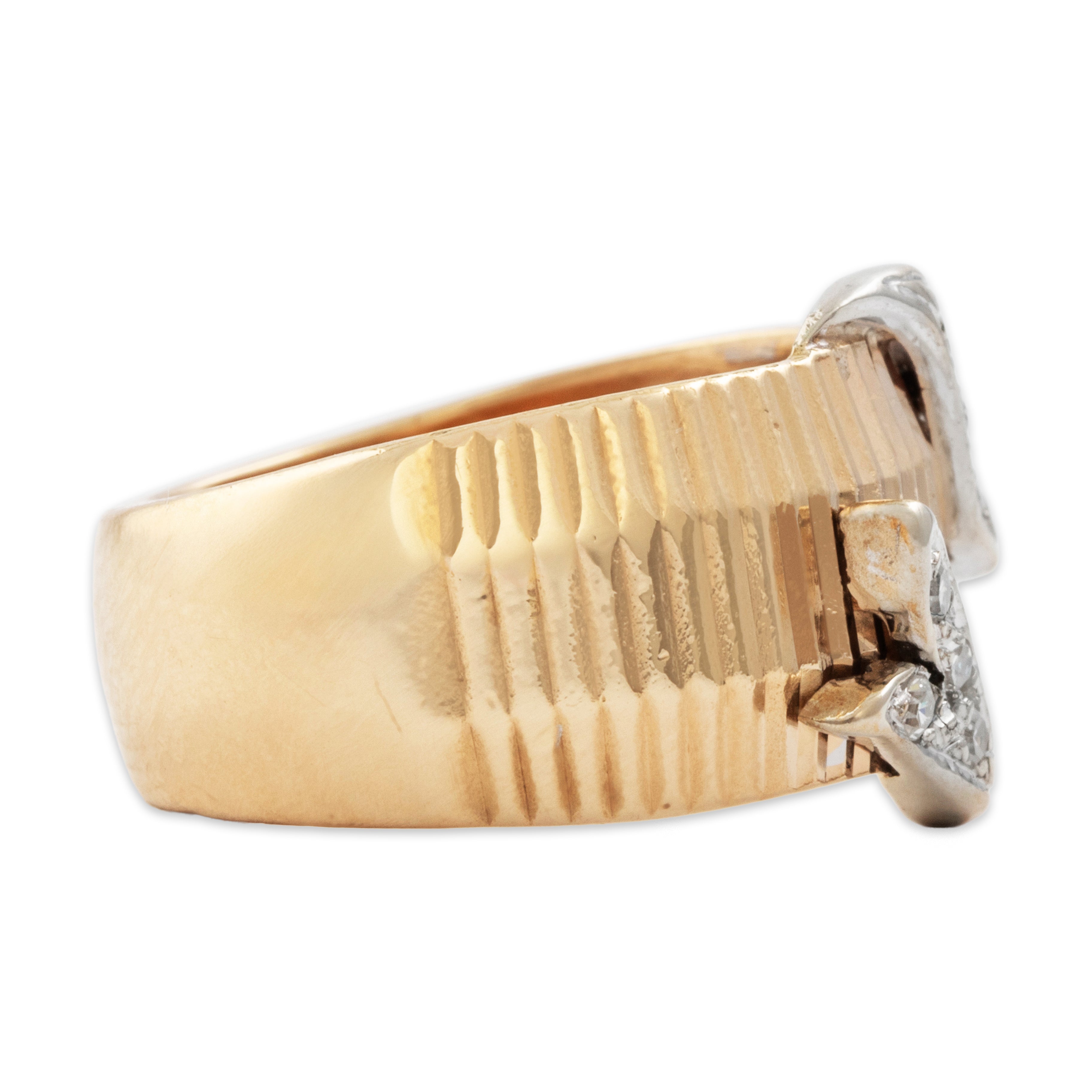 Vintage Heavy Wide 14k Yellow Gold Diamond Ribbed Foliate Ring - Side view