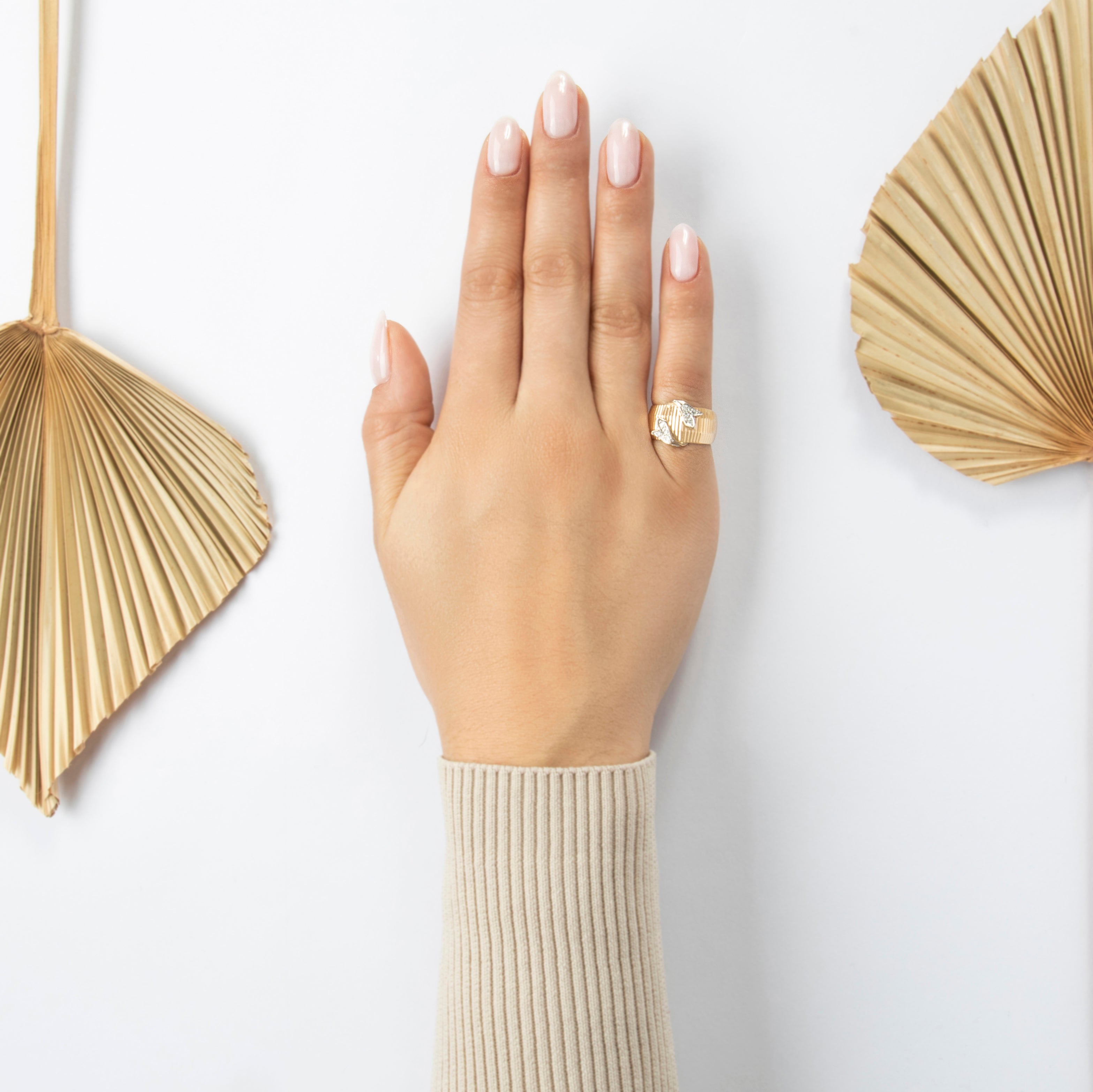 Vintage Heavy Wide 14k Yellow Gold Diamond Ribbed Foliate Ring - On model view