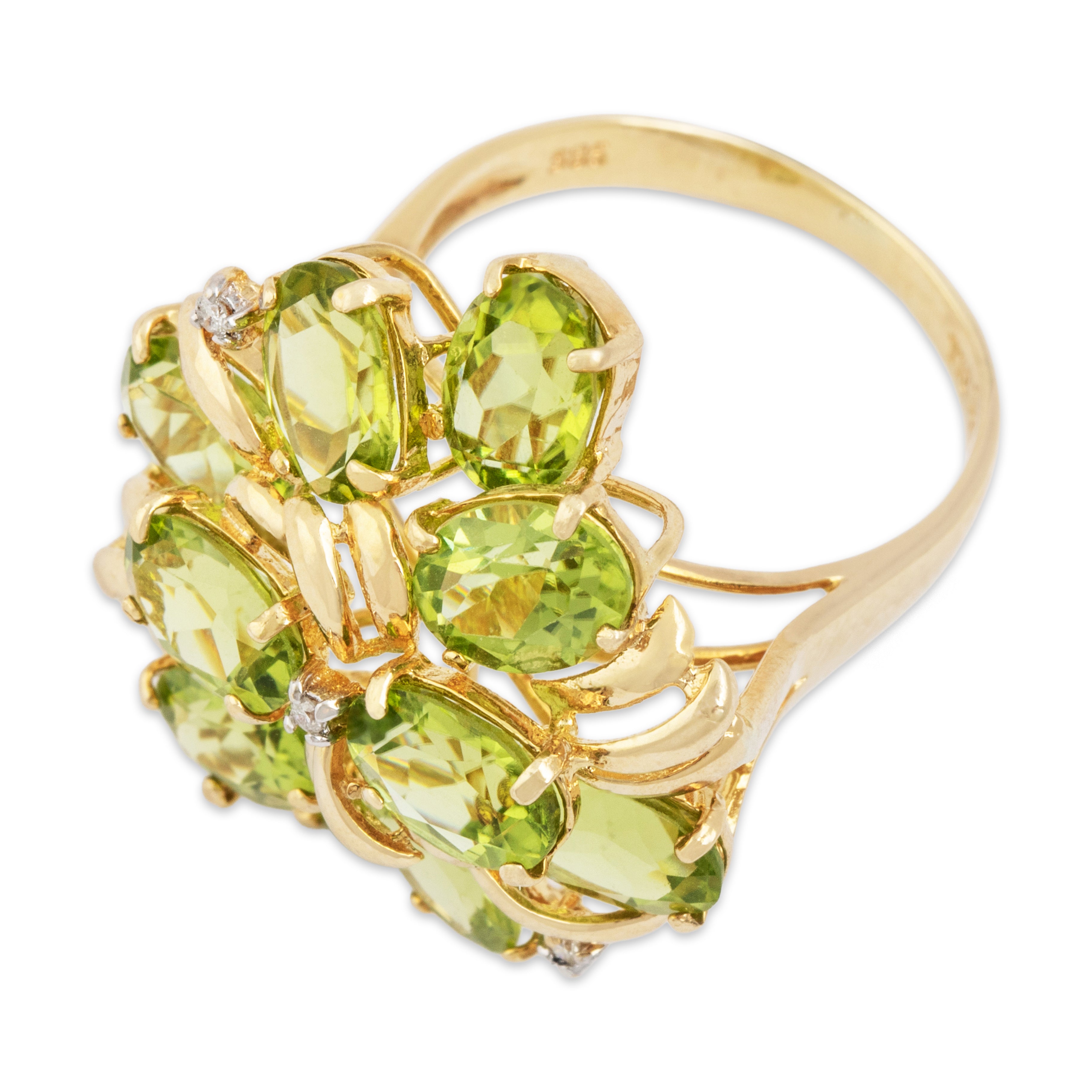 Vintage 14k Yellow Gold 8cttw Peridot Diamond Swirling Cluster Ring - Overall view