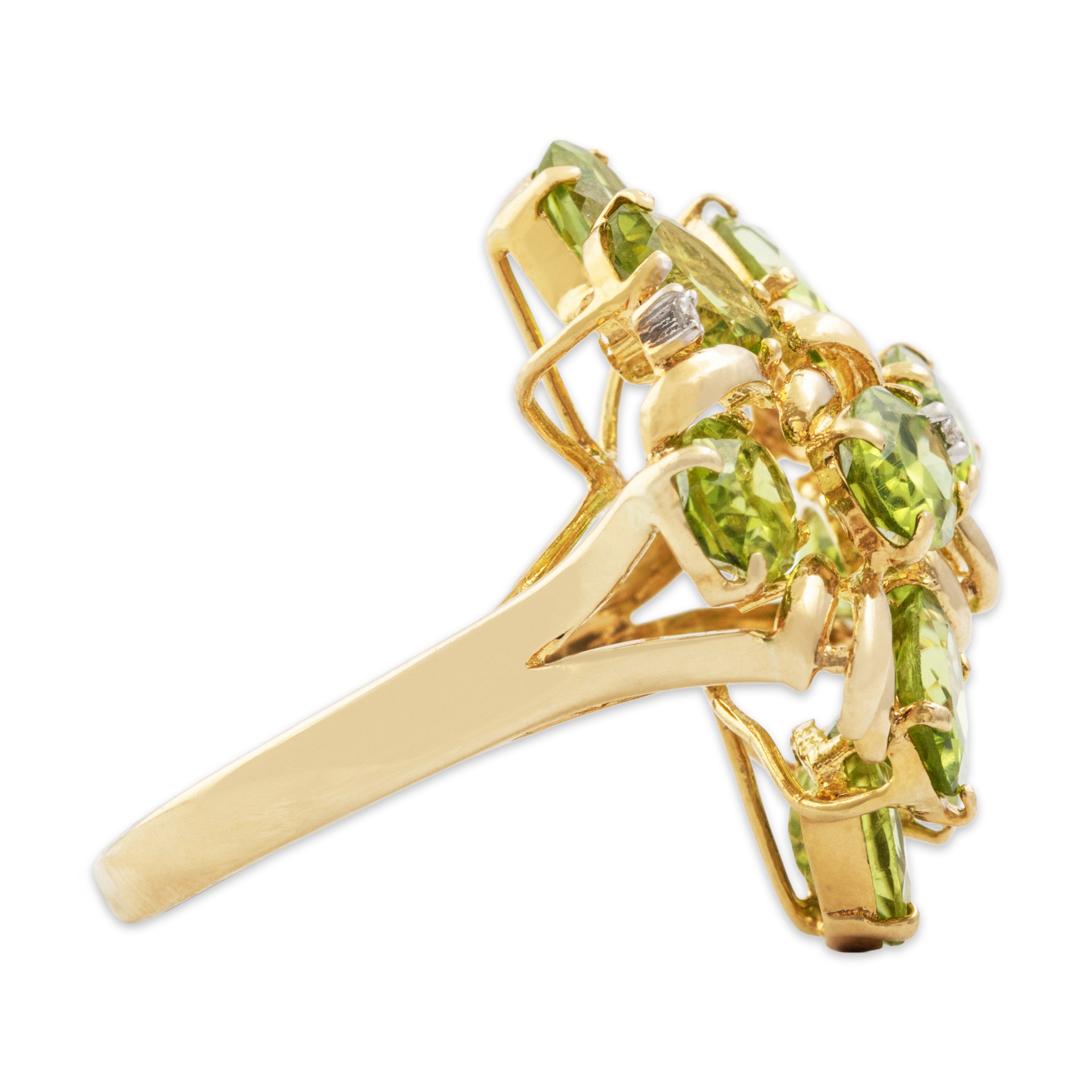 Vintage 14k Yellow Gold 8cttw Peridot Diamond Swirling Cluster Ring - Side view