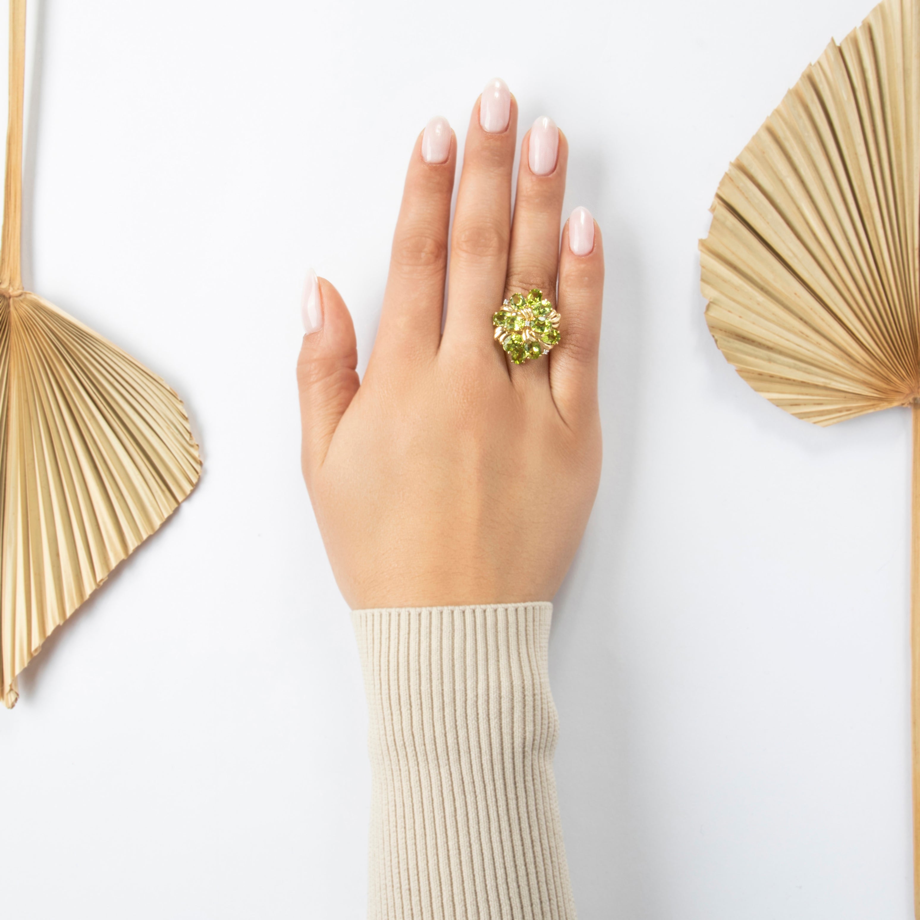 Vintage 14k Yellow Gold 8cttw Peridot Diamond Swirling Cluster Ring - On model view