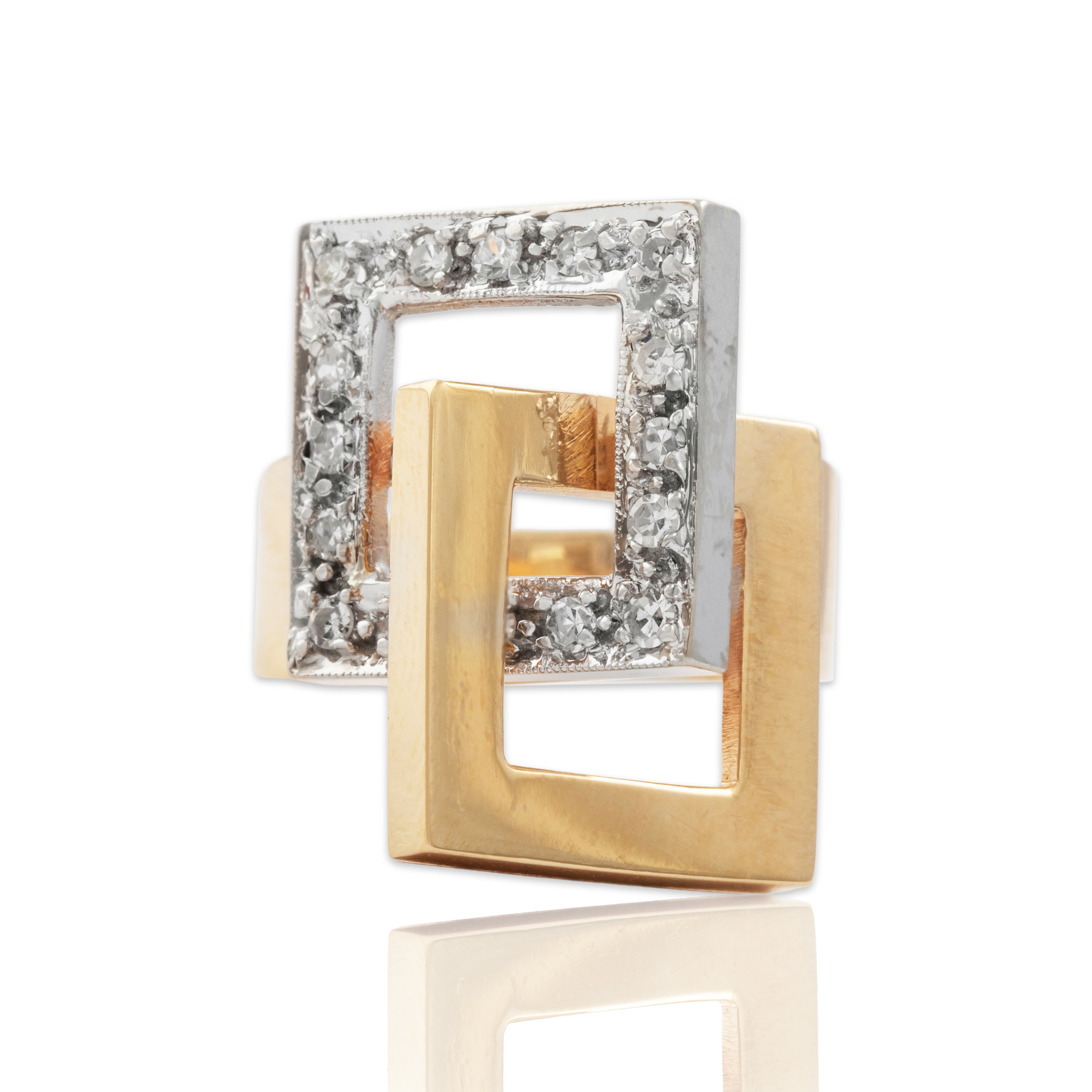 Vintage 14k Yellow & White Gold .354cttw Diamond Interlocked Square Ring - Close-up view