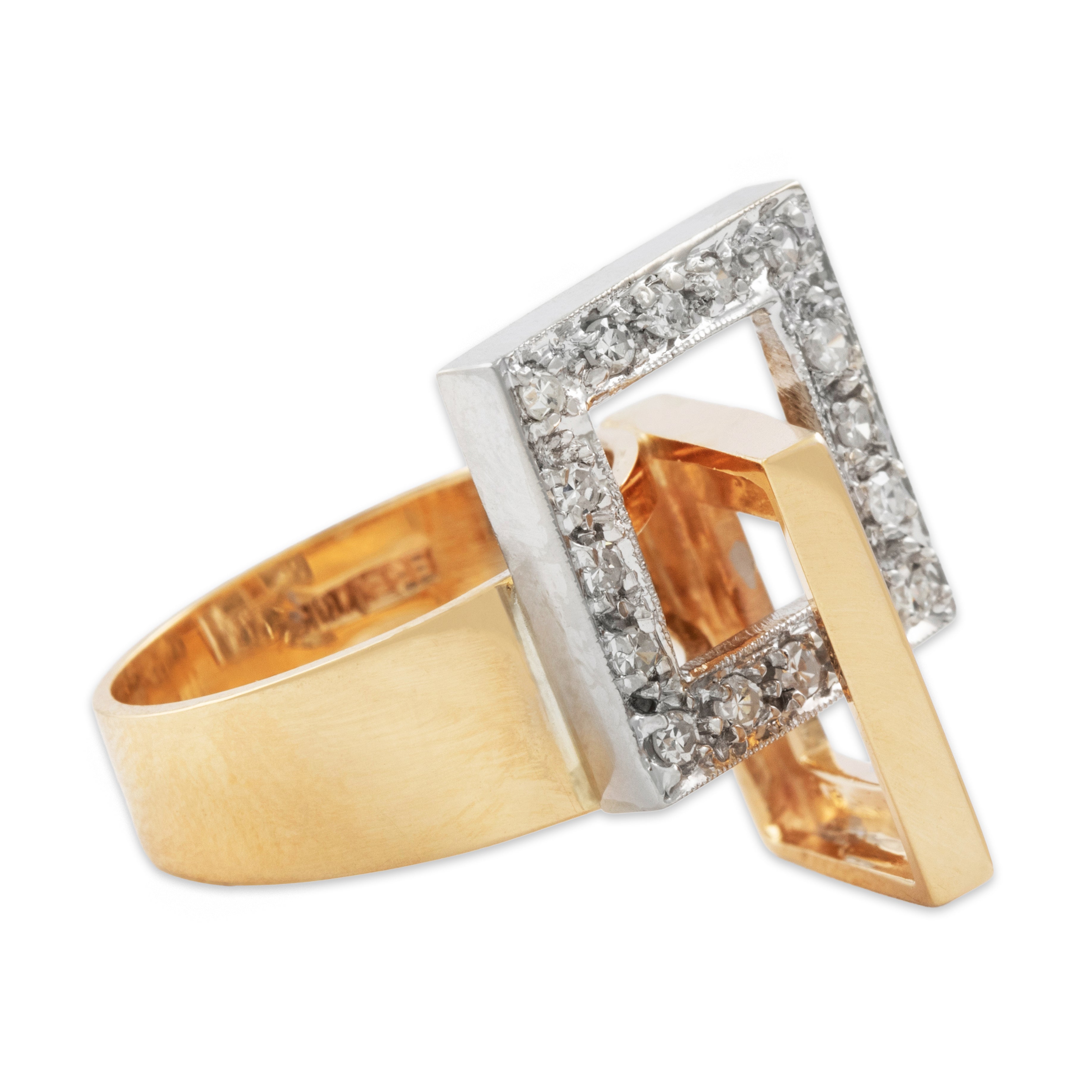 Vintage 14k Yellow & White Gold .354cttw Diamond Interlocked Square Ring - detail view #2