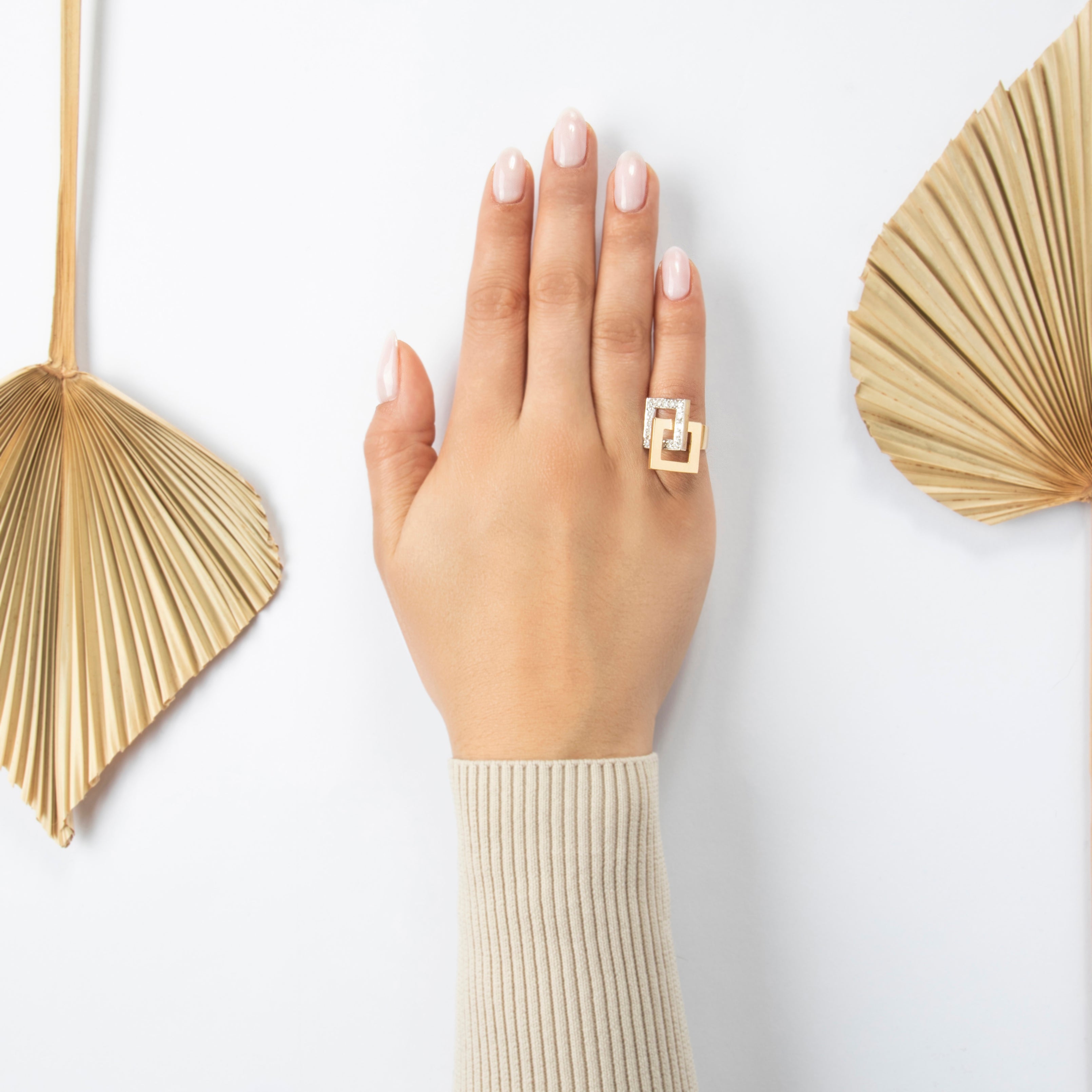 Vintage 14k Yellow & White Gold .354cttw Diamond Interlocked Square Ring - On model view