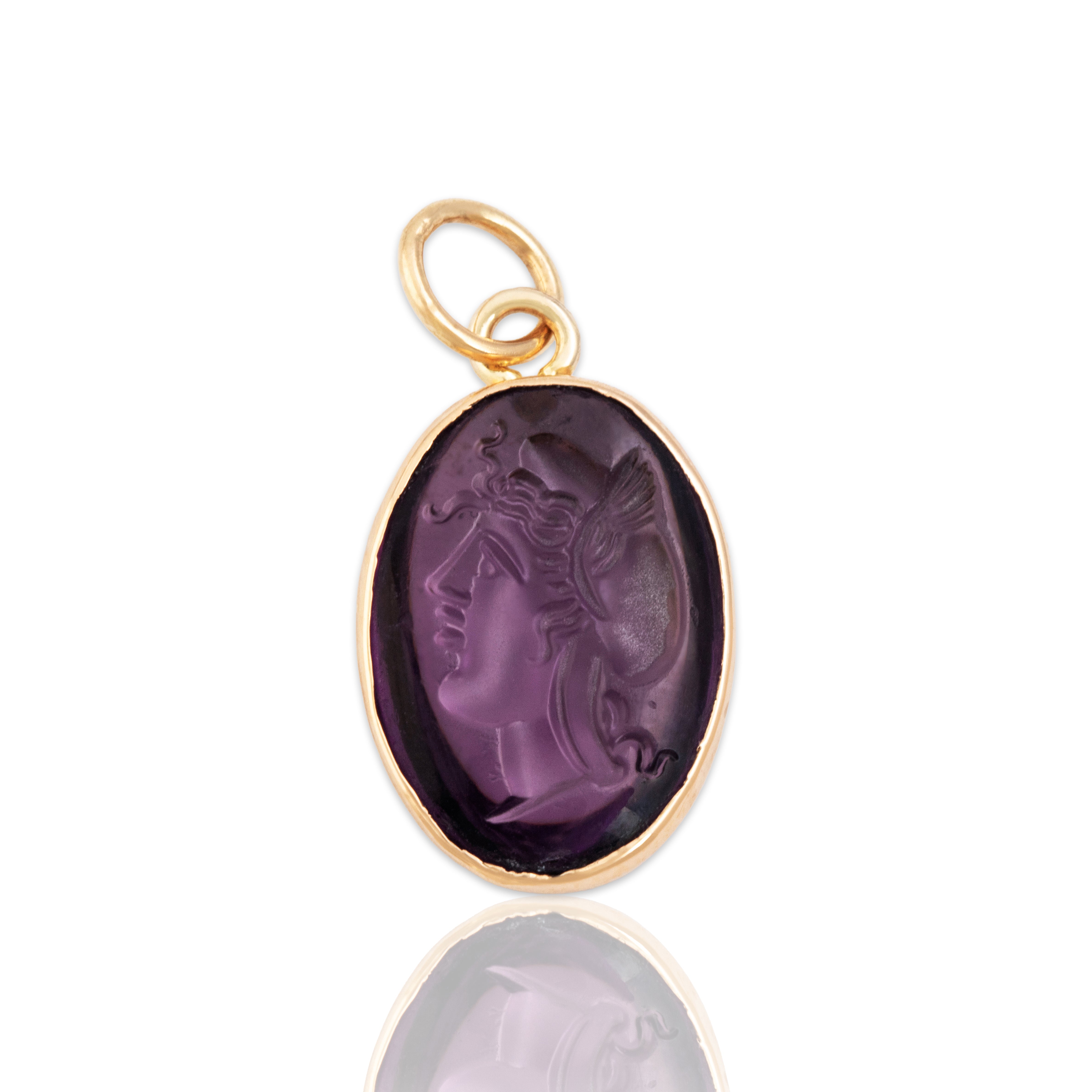 Antique 14k Yellow Gold Purple Glass Pressed Classical Portrait Charm / Pendant - Close-up view