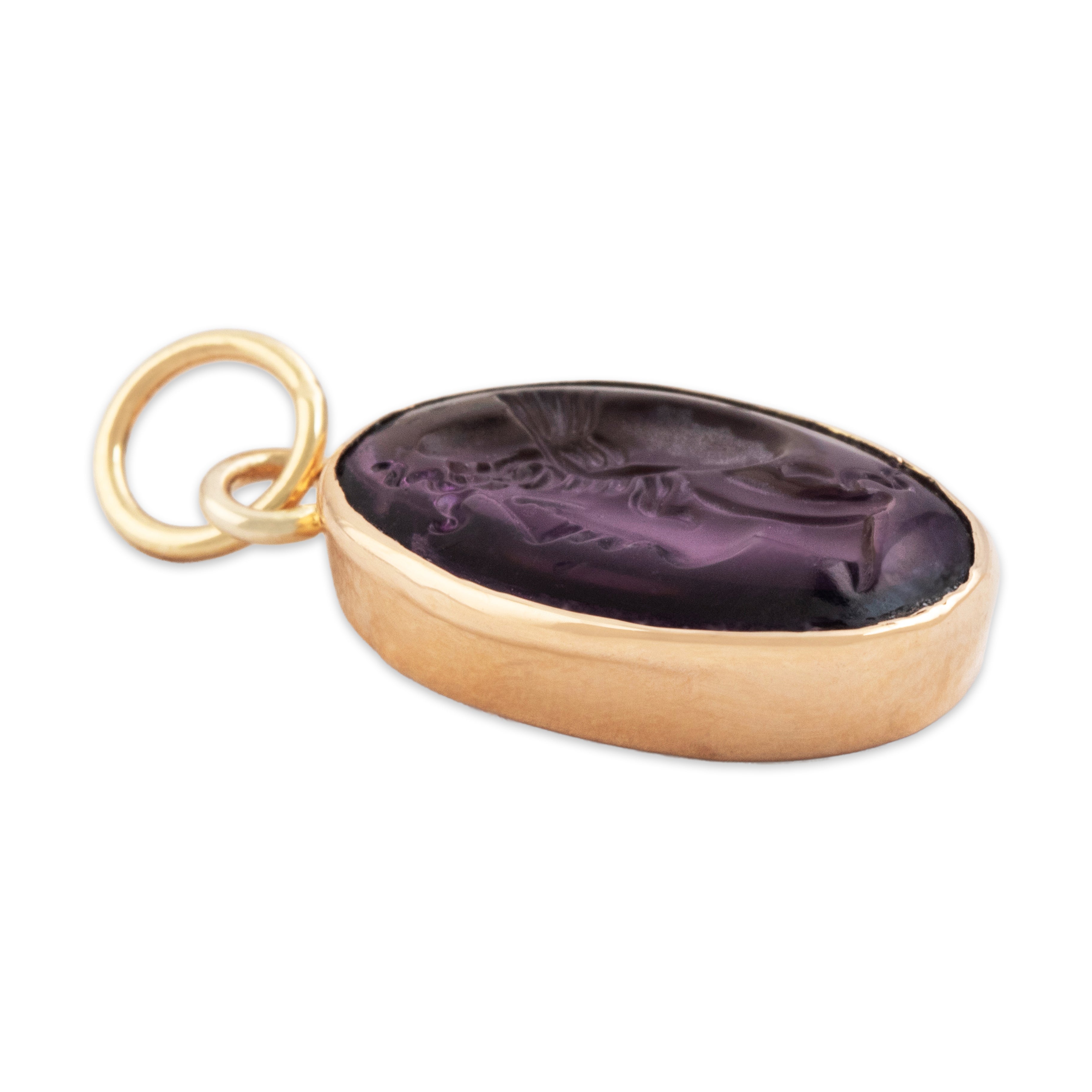 Antique 14k Yellow Gold Purple Glass Pressed Classical Portrait Charm / Pendant - Side view