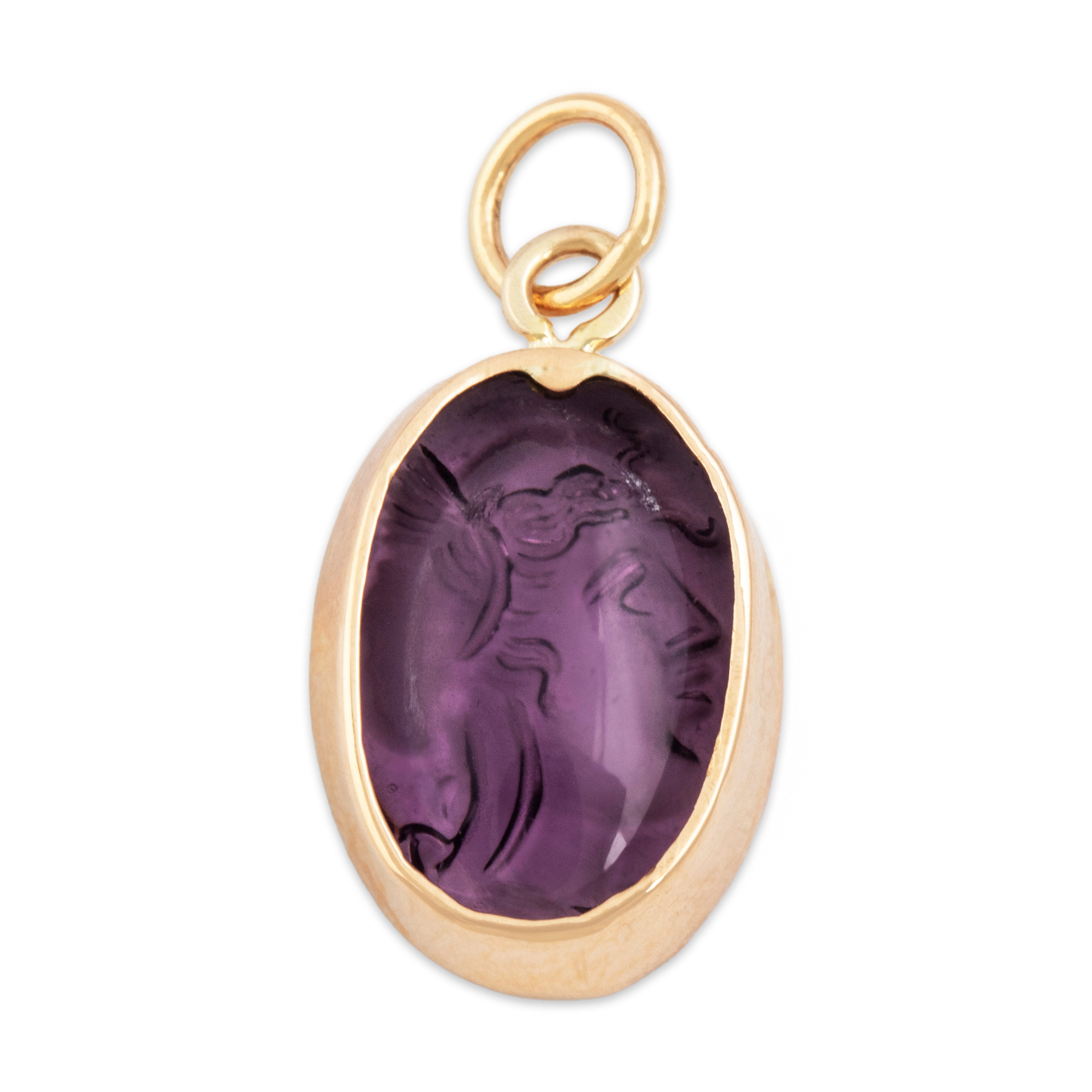 Antique 14k Yellow Gold Purple Glass Pressed Classical Portrait Charm / Pendant - Back view