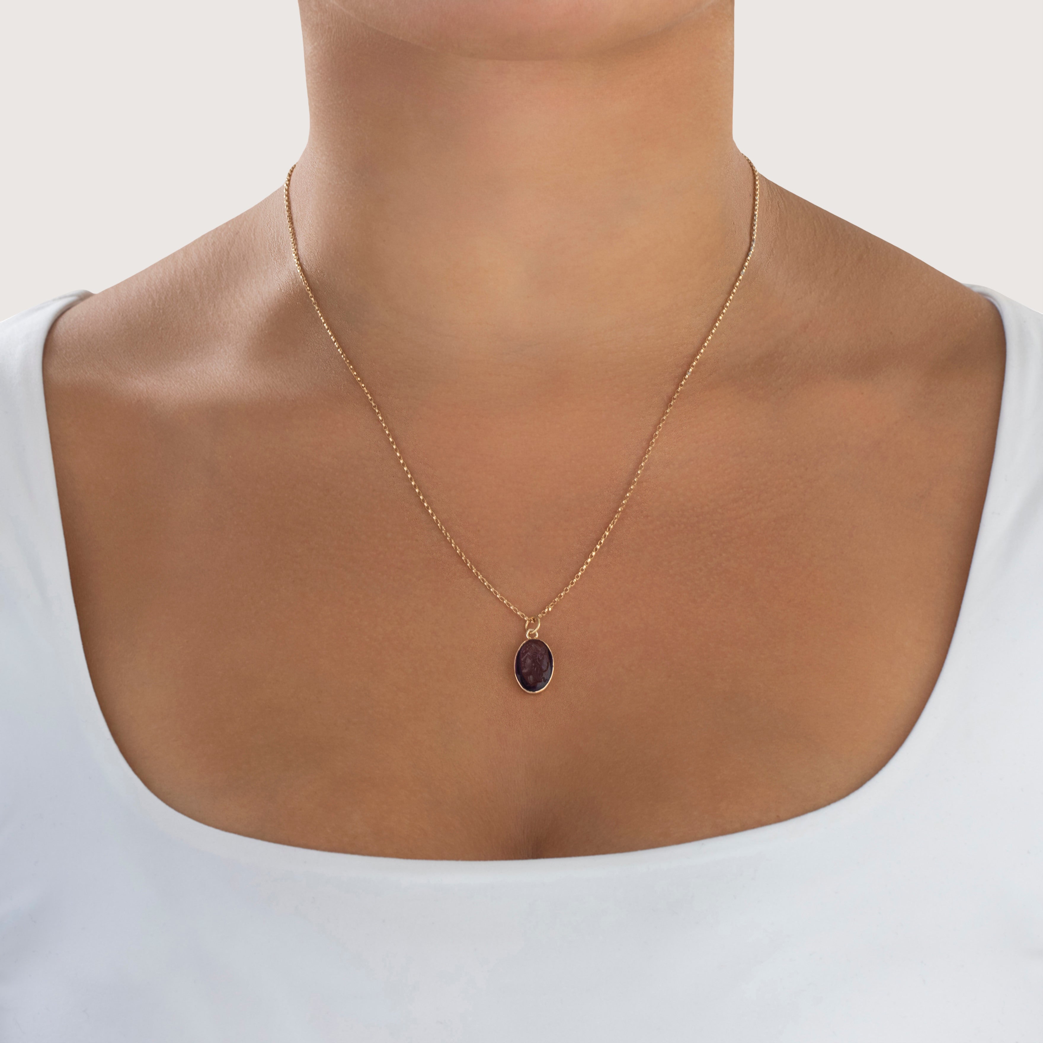 Antique 14k Yellow Gold Purple Glass Pressed Classical Portrait Charm / Pendant - On model view