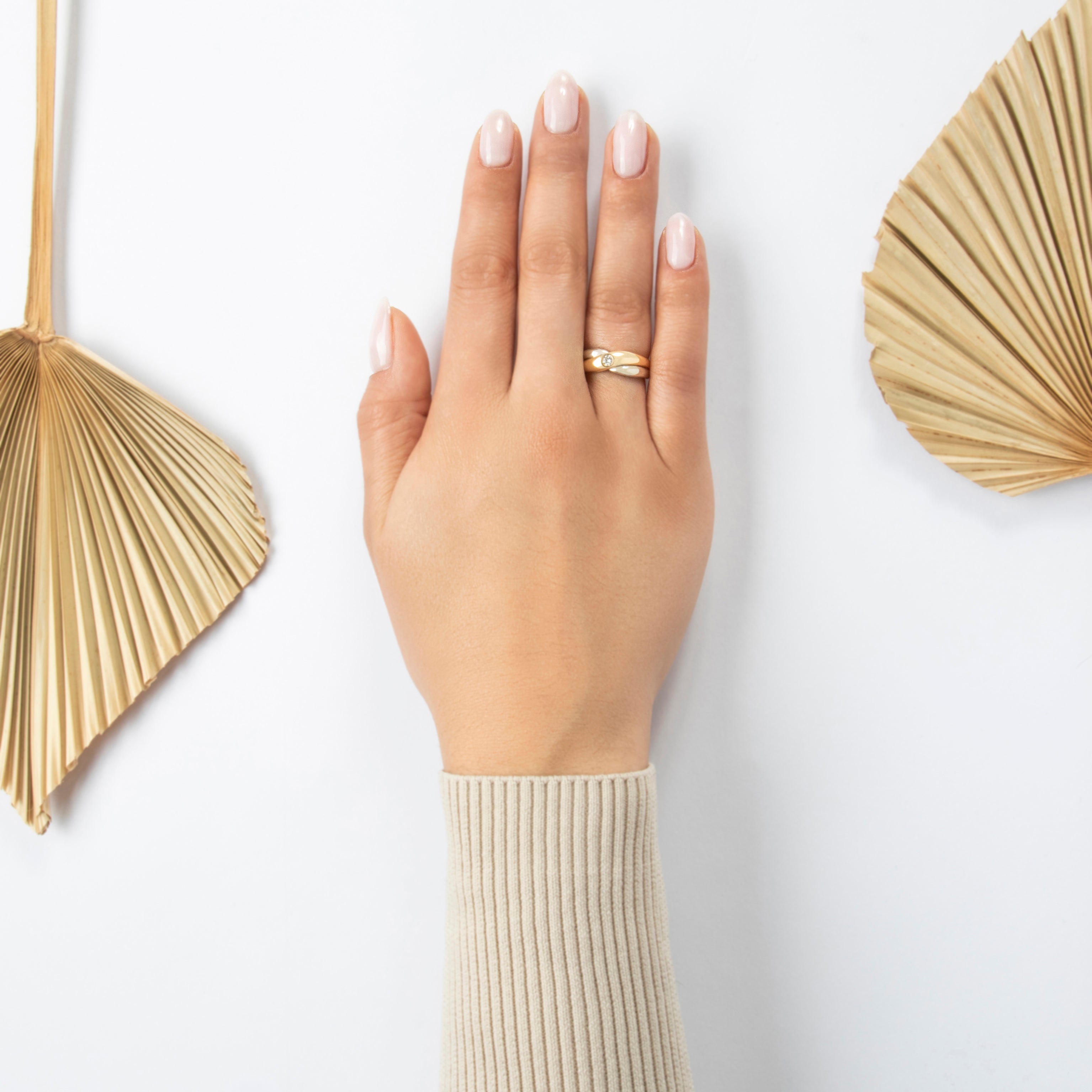 Vintage 18k Yellow & White Gold Diamond Flush-Set Crossing Band Ring - On model view