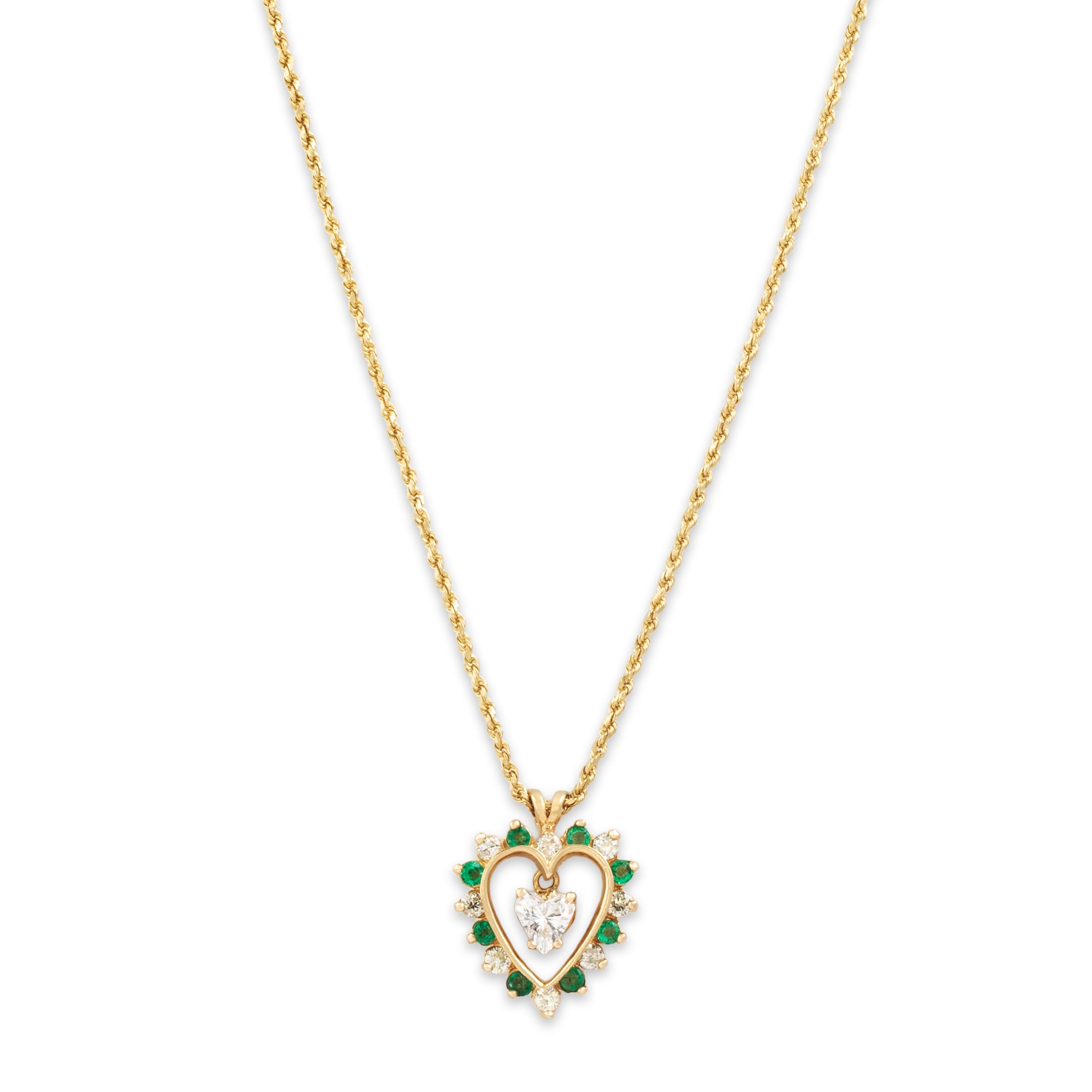 Vintage 14k Yellow Gold .976cttw Diamond Emerald Heart Dangle Necklace - Overall view