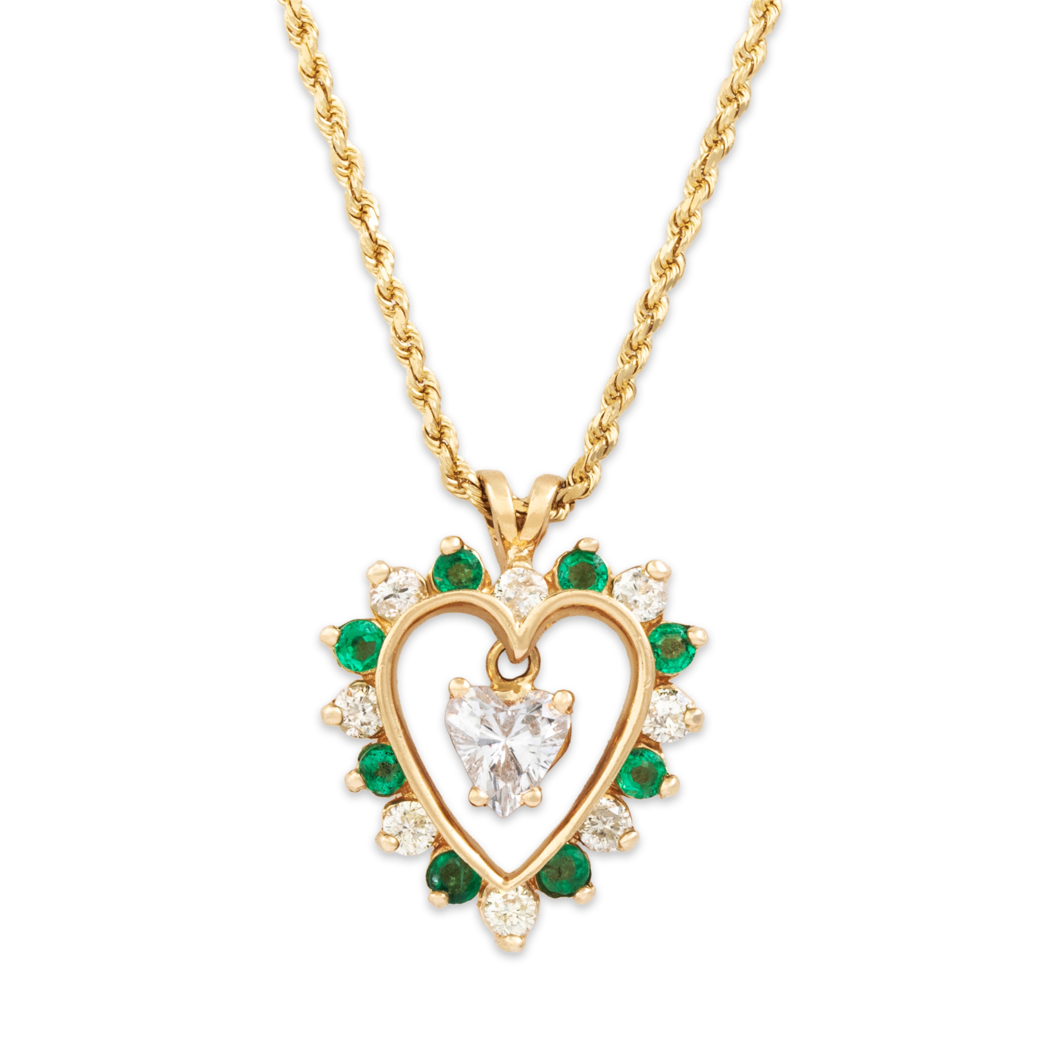 Vintage 14k Yellow Gold .976cttw Diamond Emerald Heart Dangle Necklace 19.75