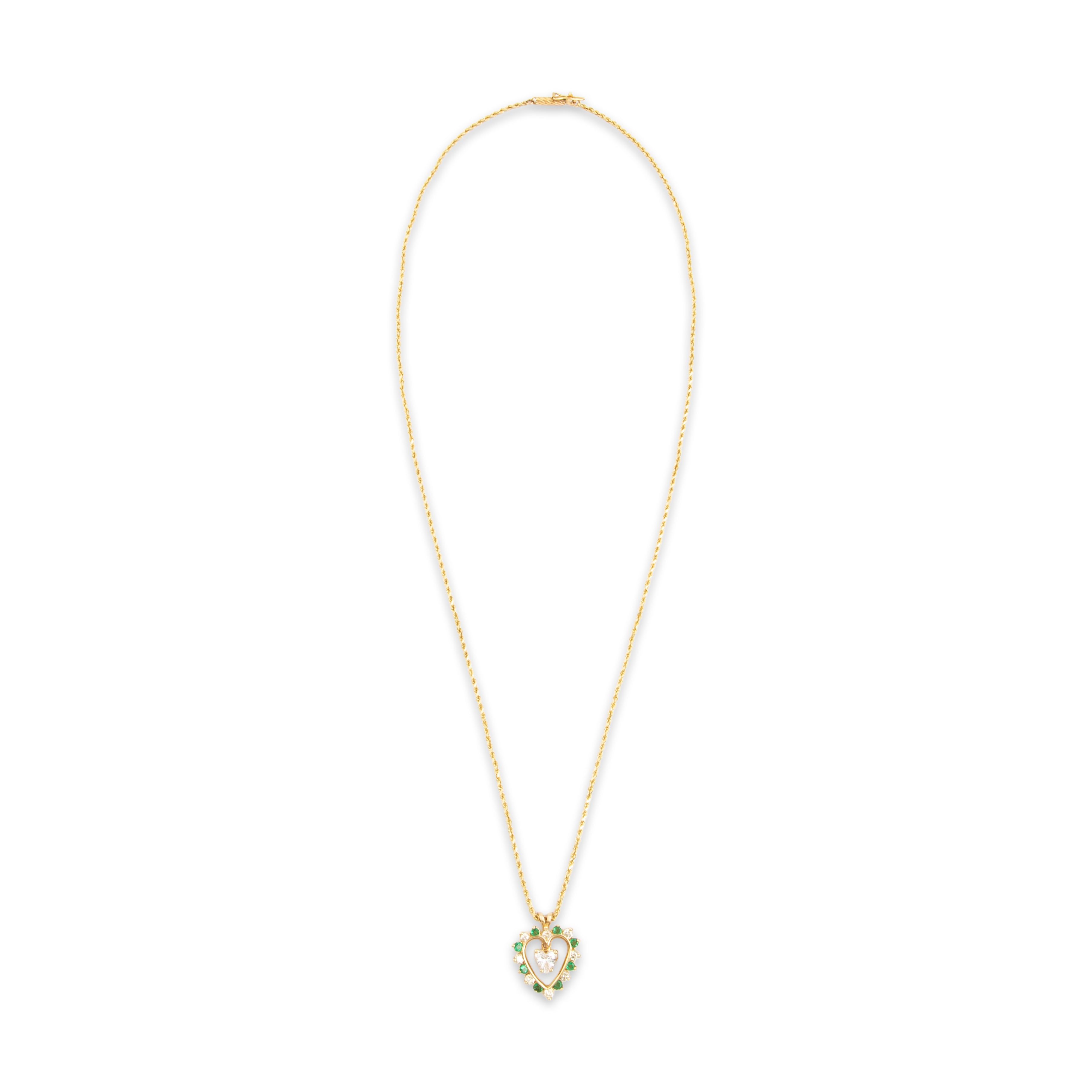 Vintage 14k Yellow Gold .976cttw Diamond Emerald Heart Dangle Necklace - Overall view