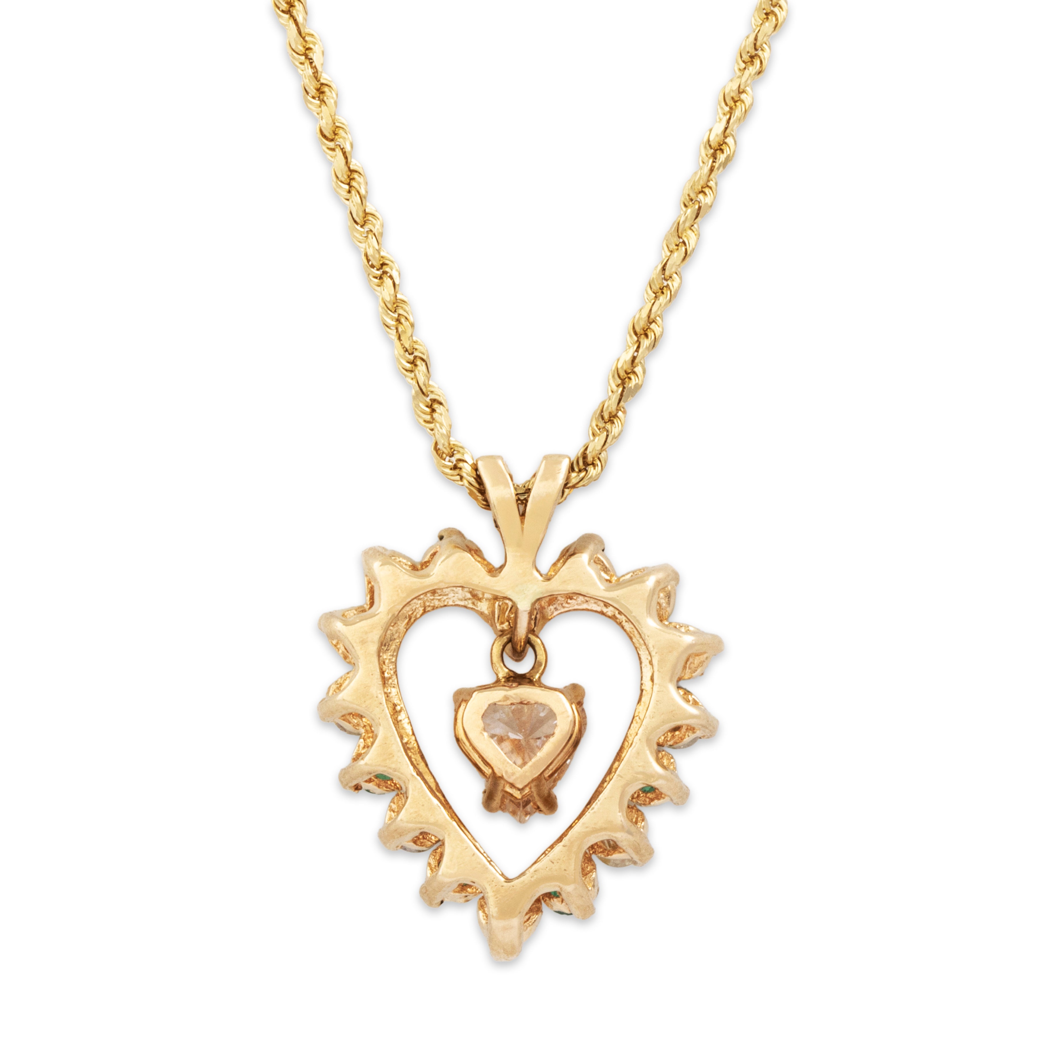 Vintage 14k Yellow Gold .976cttw Diamond Emerald Heart Dangle Necklace - Back view