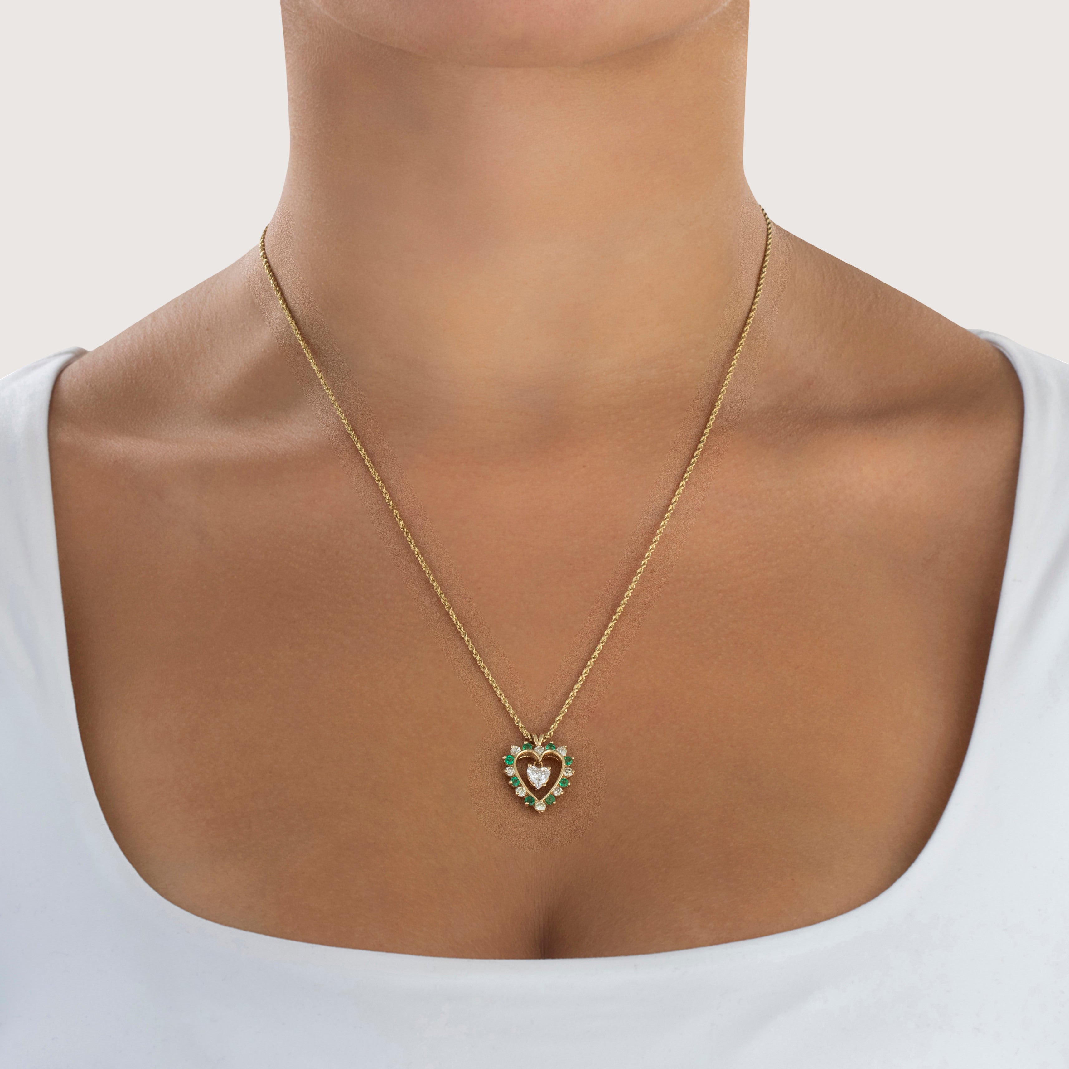 Vintage 14k Yellow Gold .976cttw Diamond Emerald Heart Dangle Necklace - On model view