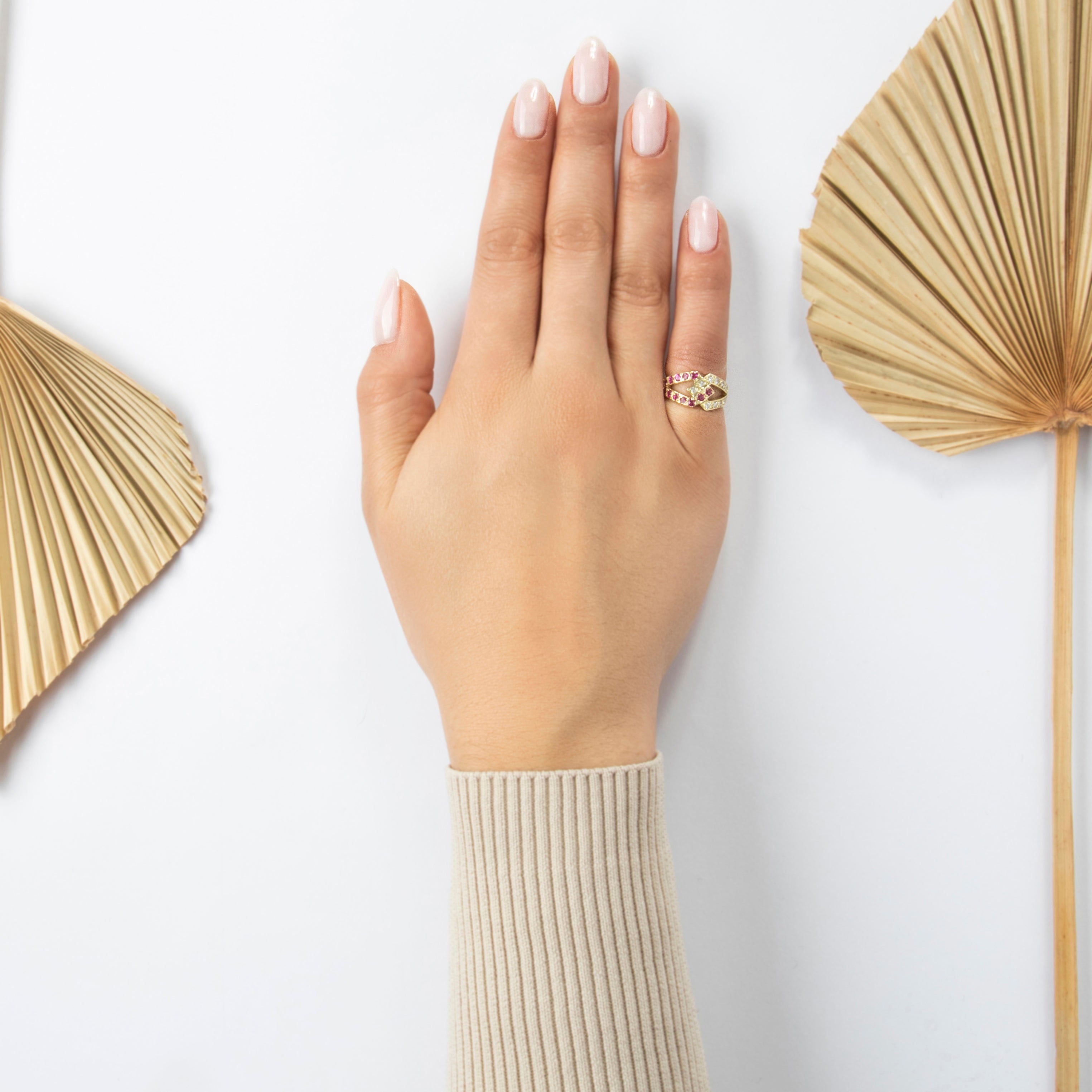 Vintage 14k Yellow Gold Ruby .348cttw Diamond Interlocking Crisscross Ring - On model view