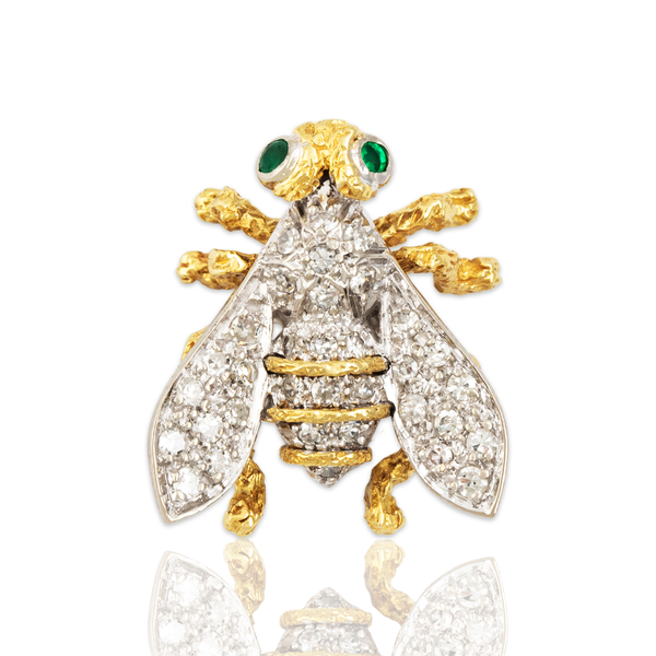 Vintage 18k Yellow & White Gold Emerald Diamond Whimsical Bug Brooch / Pin