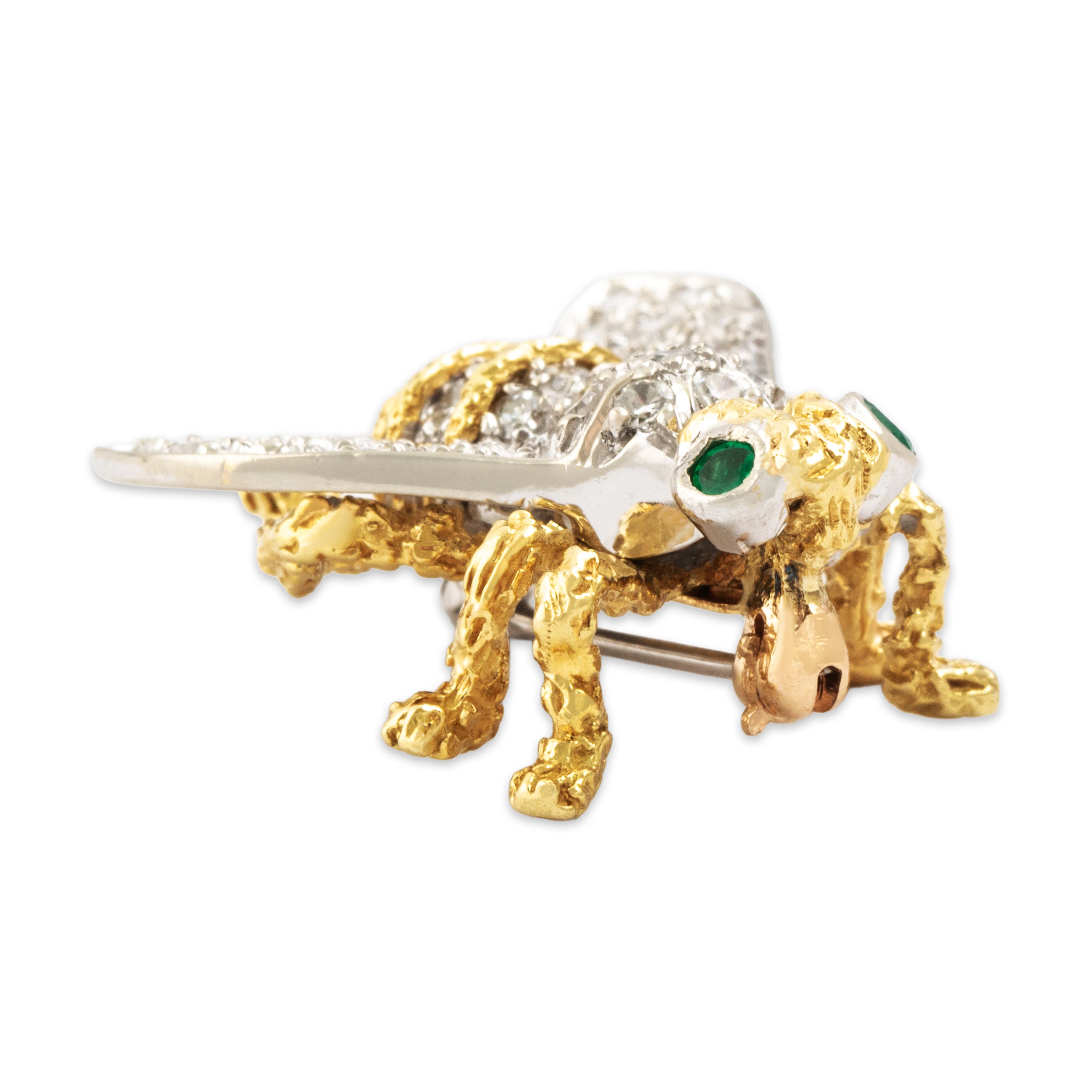 Vintage 18k Yellow & White Gold Emerald Diamond Whimsical Bug Brooch / Pin - detail view #1