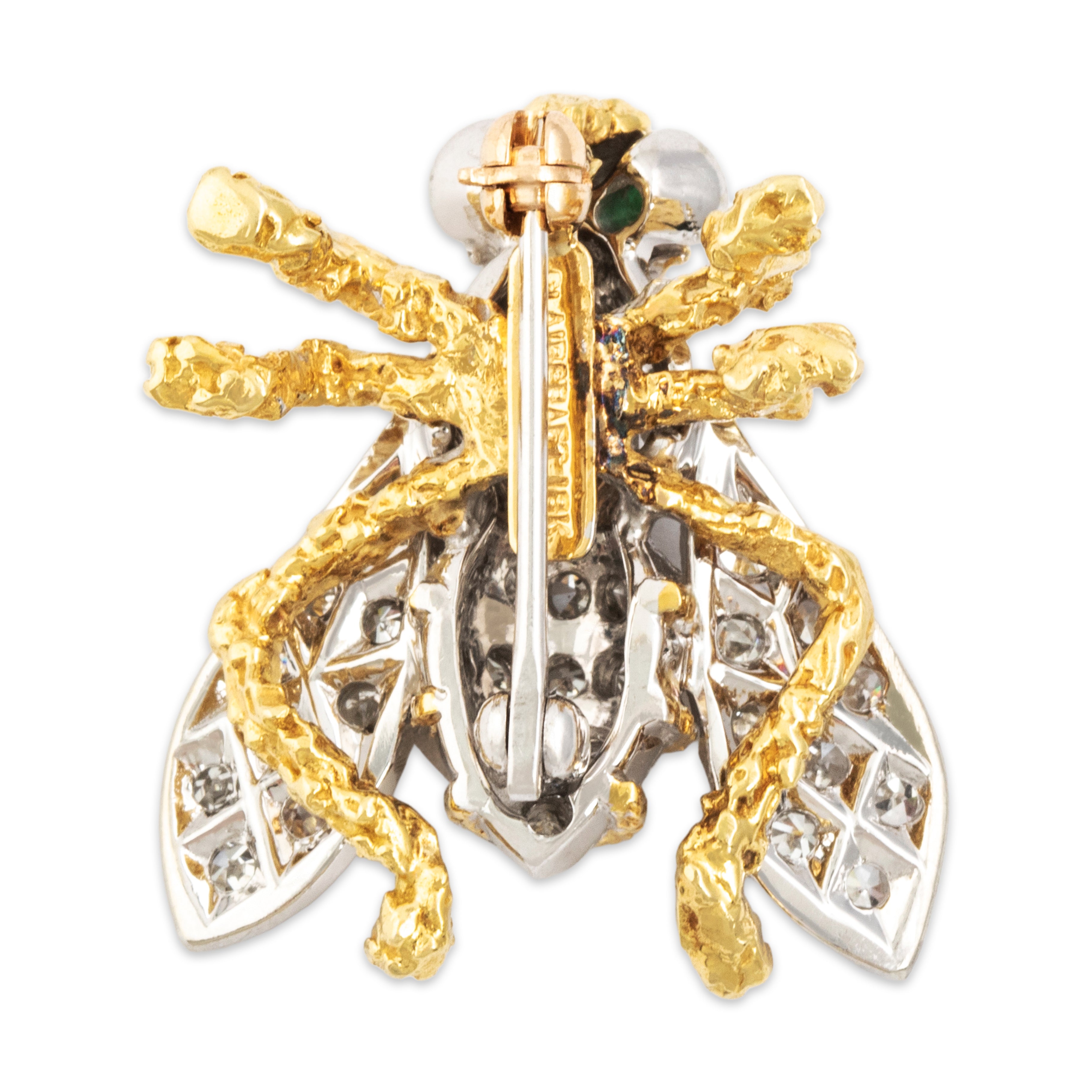 Vintage 18k Yellow & White Gold Emerald Diamond Whimsical Bug Brooch / Pin - Back view
