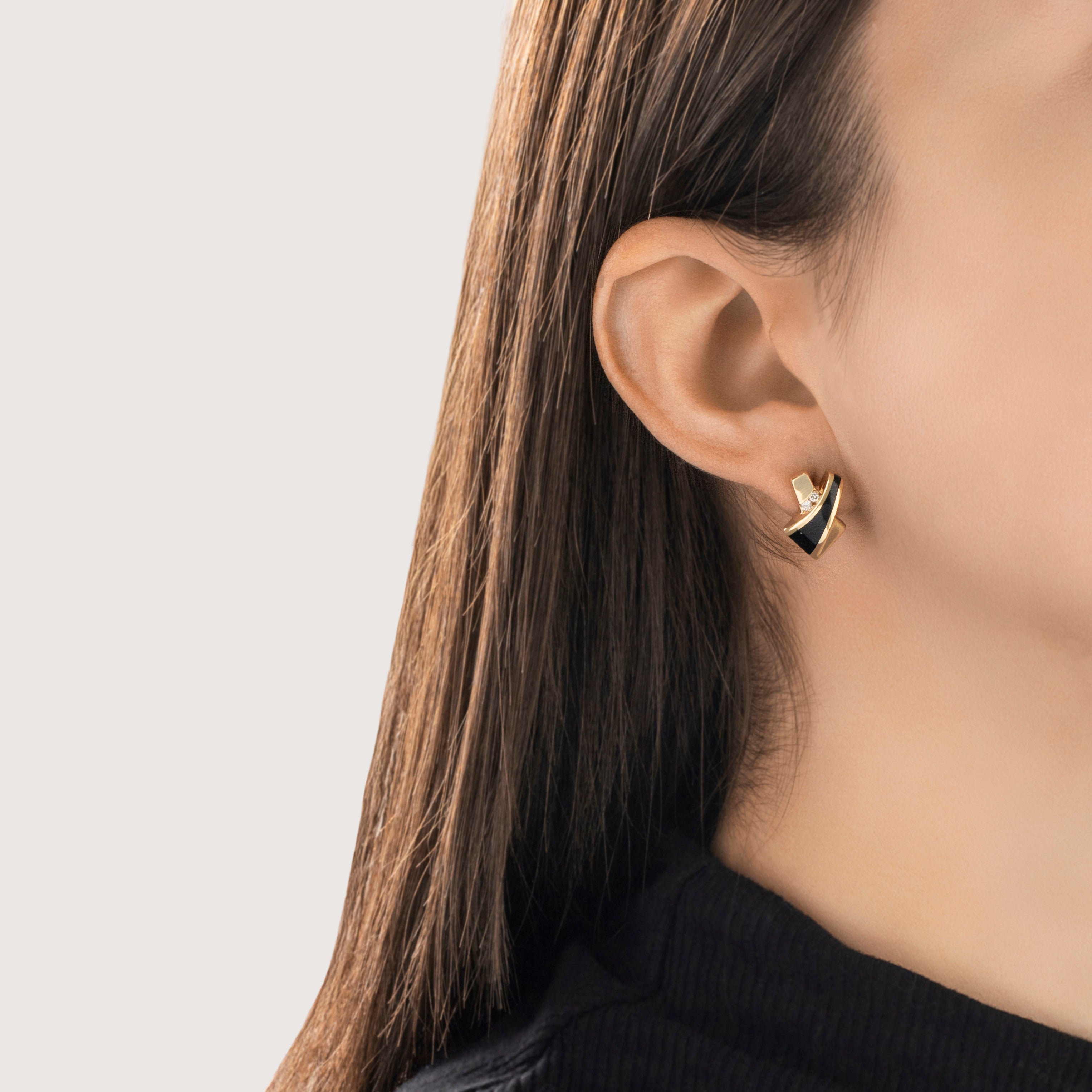 Vintage 14k Yellow Gold Diamond Onyx Bold Modern Arrow Cross Stud Earrings - On model view