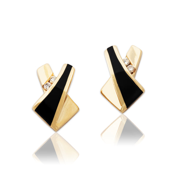 Vintage 14k Yellow Gold Diamond Onyx Modern Arrow Stud Earrings
