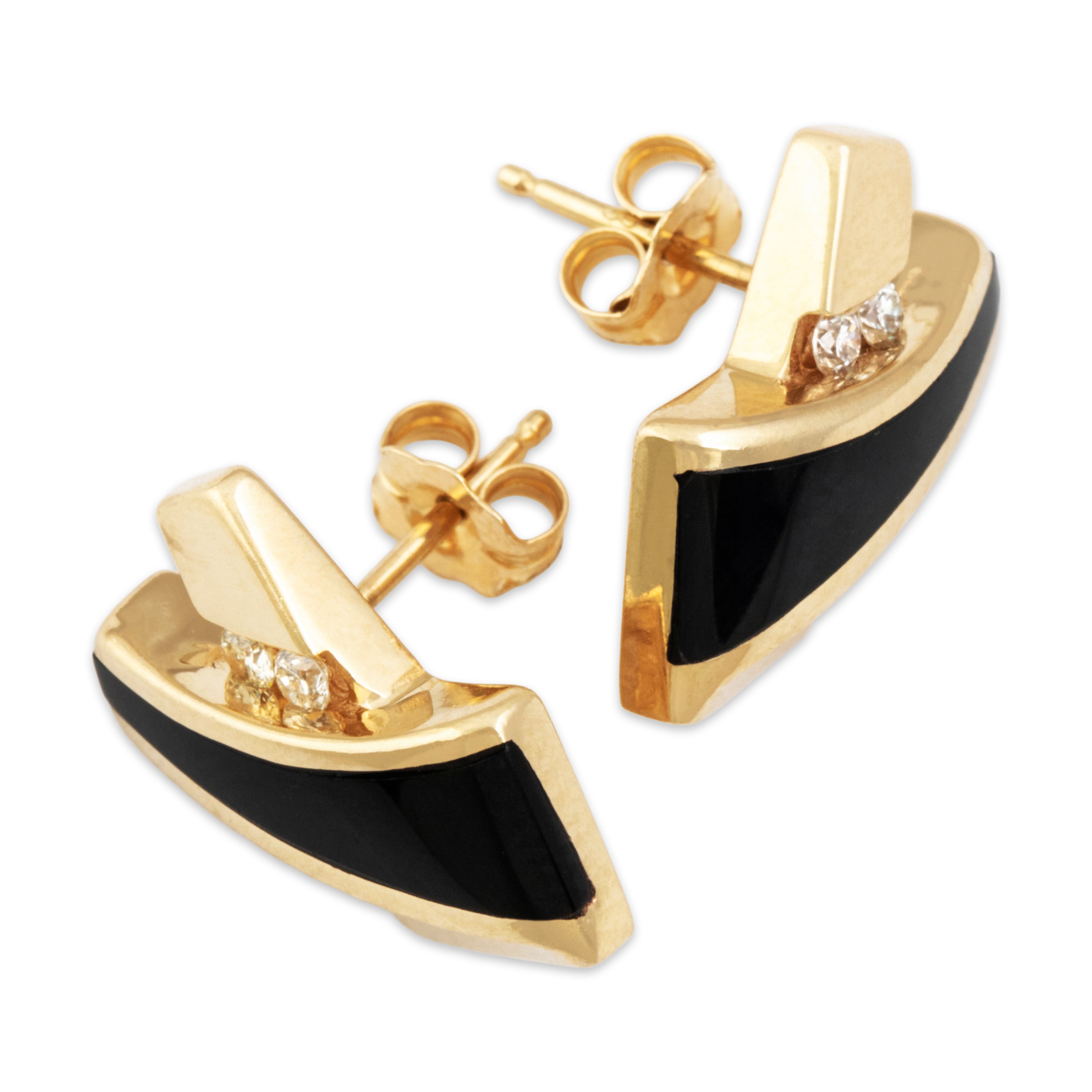 Vintage 14k Yellow Gold Diamond Onyx Bold Modern Arrow Cross Stud Earrings - Overall view