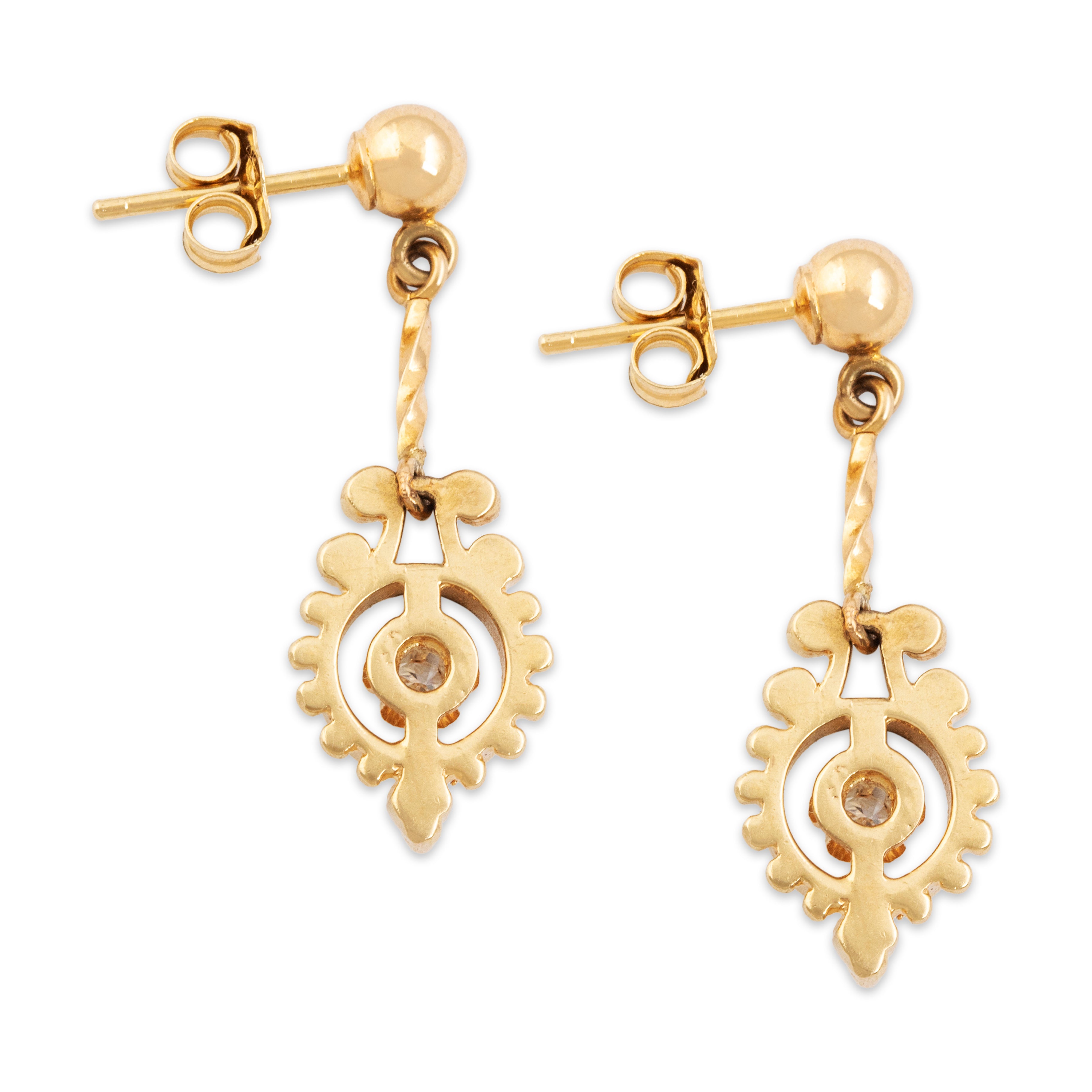 Vintage 14k Yellow Gold Diamond Intricate Frame Setting Dangle Earrings - Back view