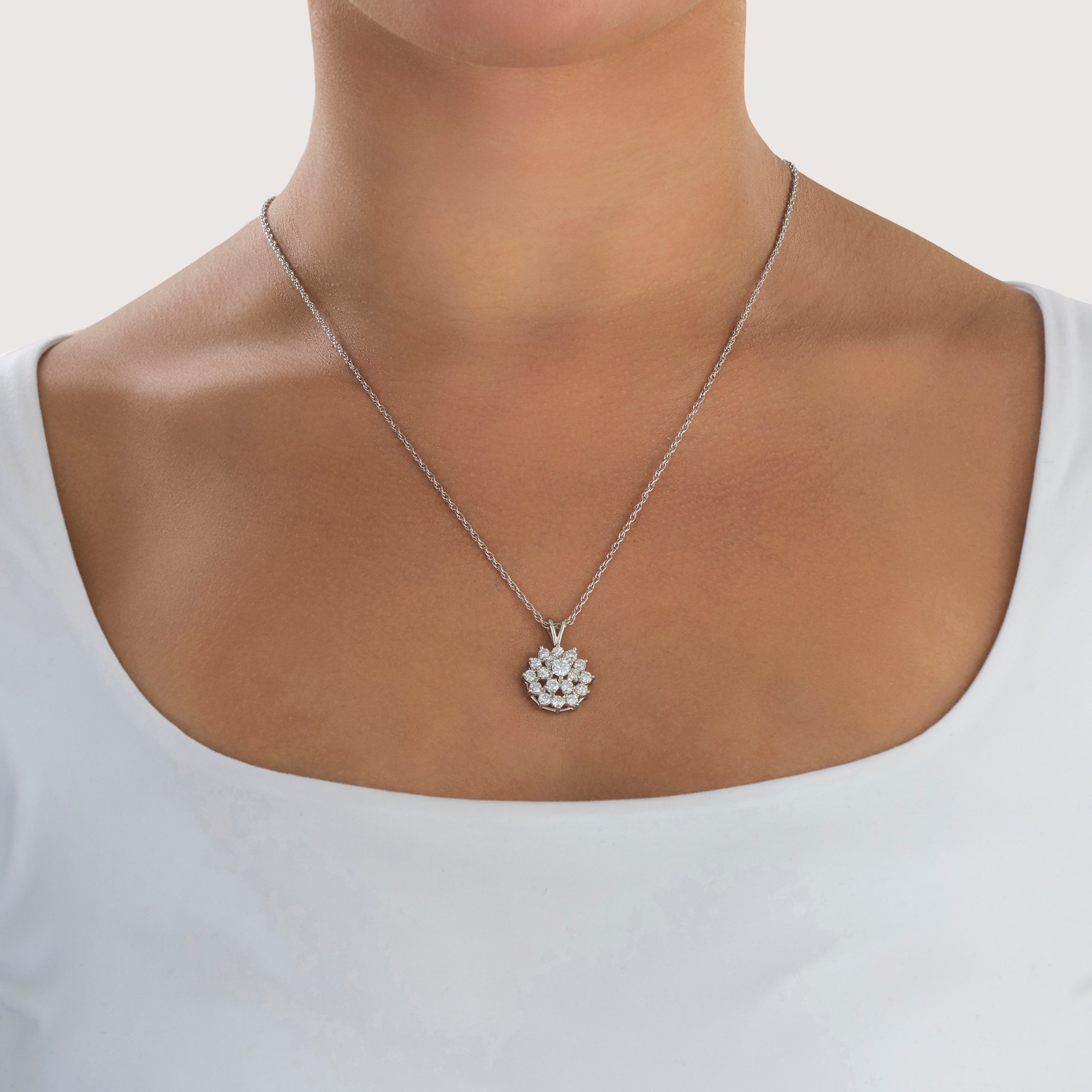 Vintage 14k White Gold 1.77cttw Diamond Elegant Sparkling Halo Pendant - On model view