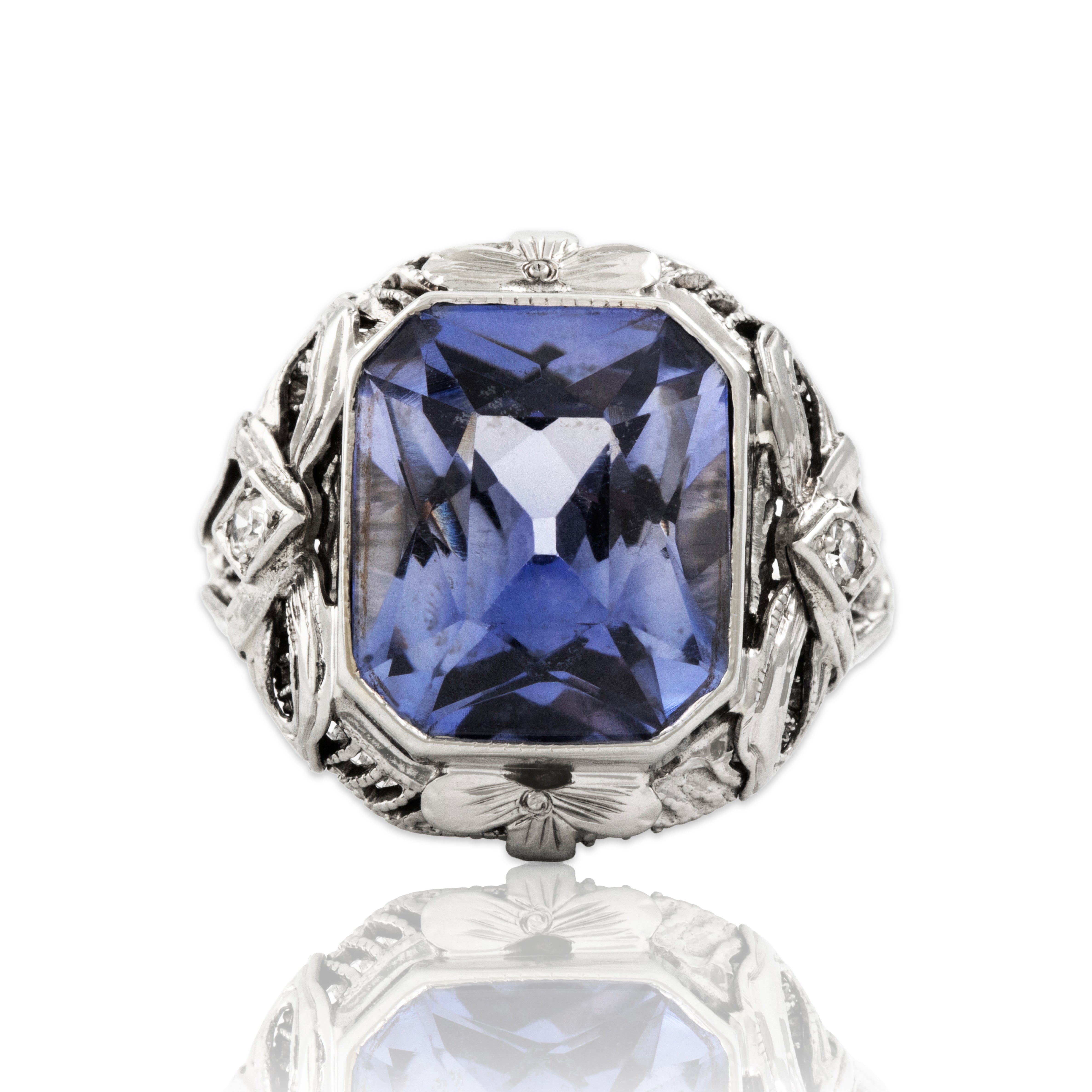 Antique 14k White Gold 7.8ct Synthetic Sapphire Natural Diamond Bow Ring - Close-up view