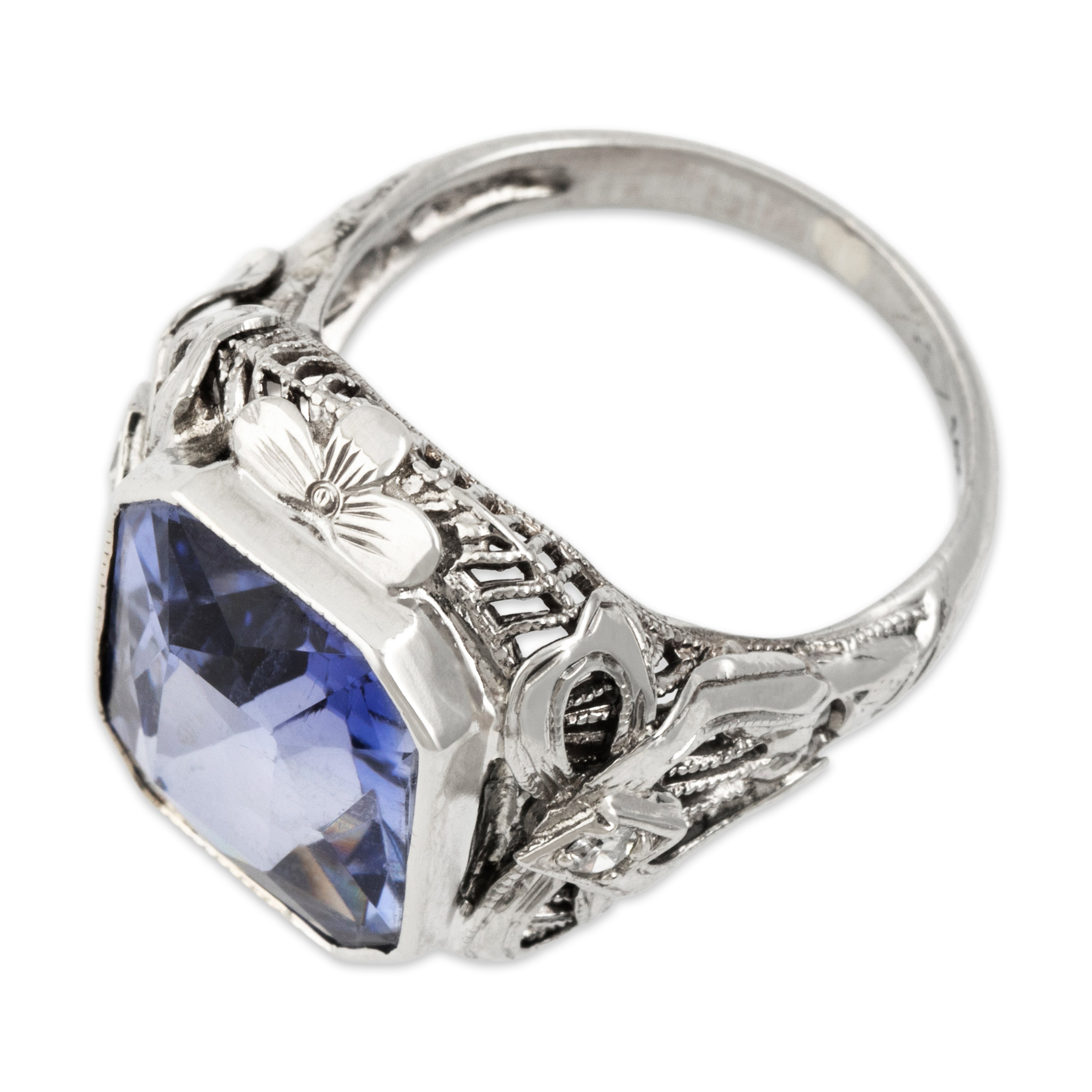 Antique 14k White Gold 7.8ct Synthetic Sapphire Natural Diamond Bow Ring - Overall view